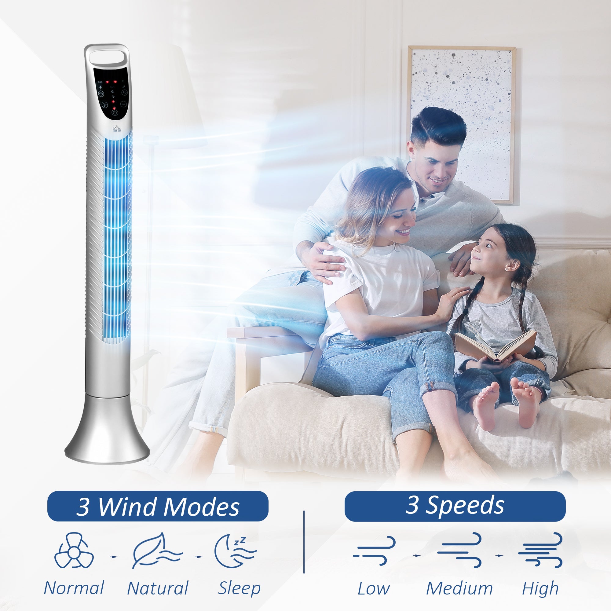 HOMCOM 36'' Freestanding Tower Fan, 3 Speed 3 Mode, 7.5h Timer, 70 Degree Oscillation, LED Panel, 5M Remote Controller, Silver - North Peak Garden Furniture