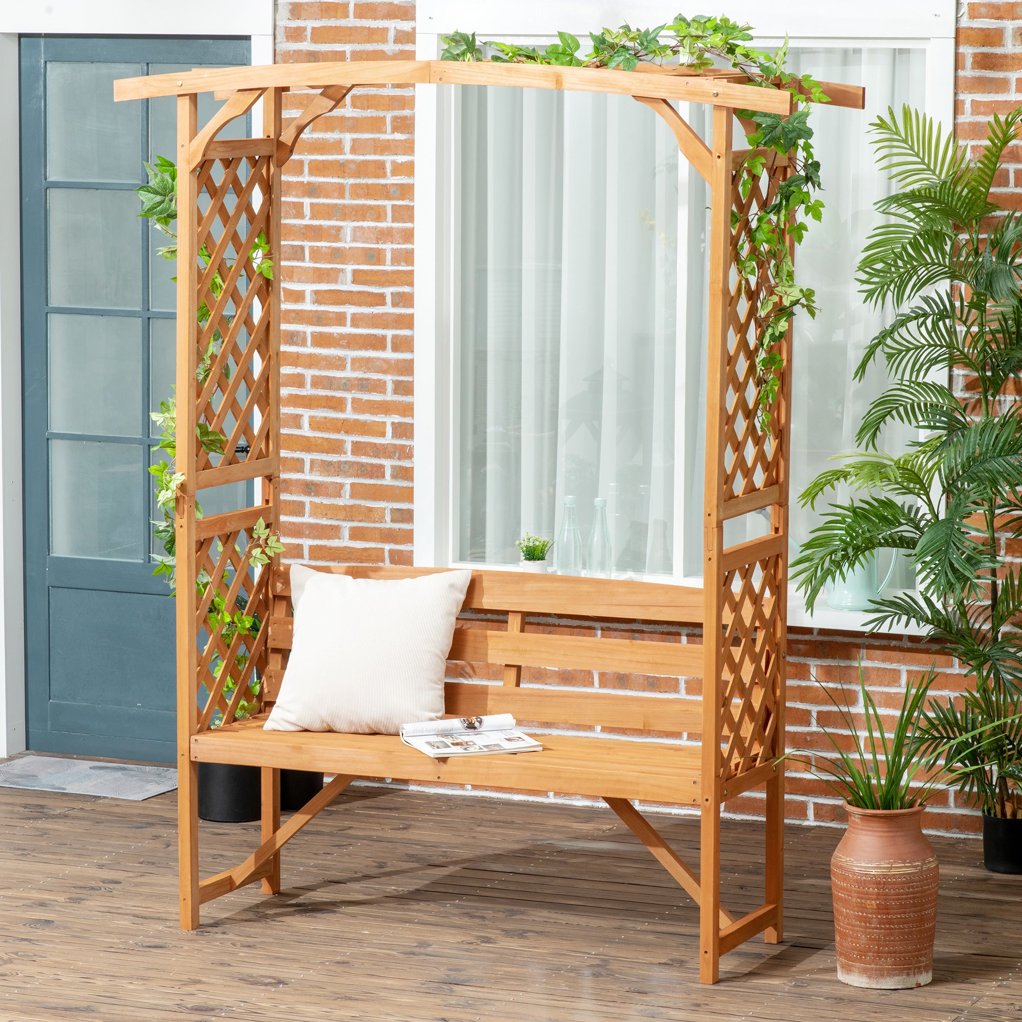 Outsunny Patio Garden Bench, Natural Wooden Garden Arbour with Seat for Vines/Climbing Plants, Natural - North Peak Garden Furniture