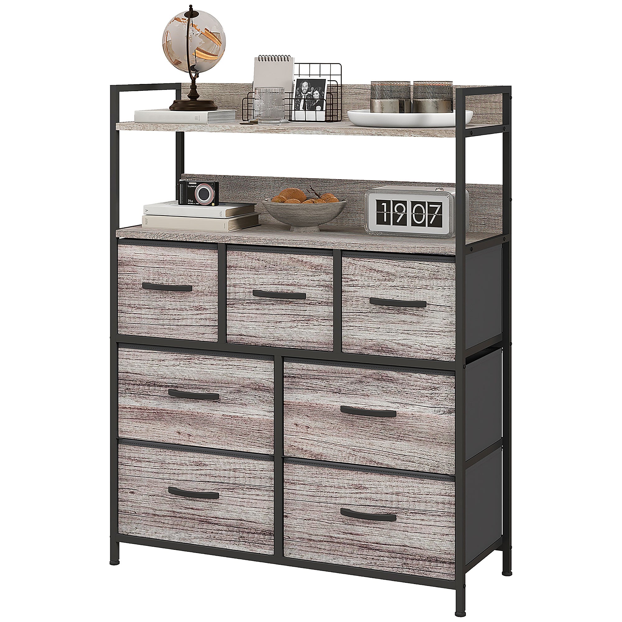 HOMCOM Rustic Chest of Seven Fabric Drawers - Grey Wood Effect | Aosom UK