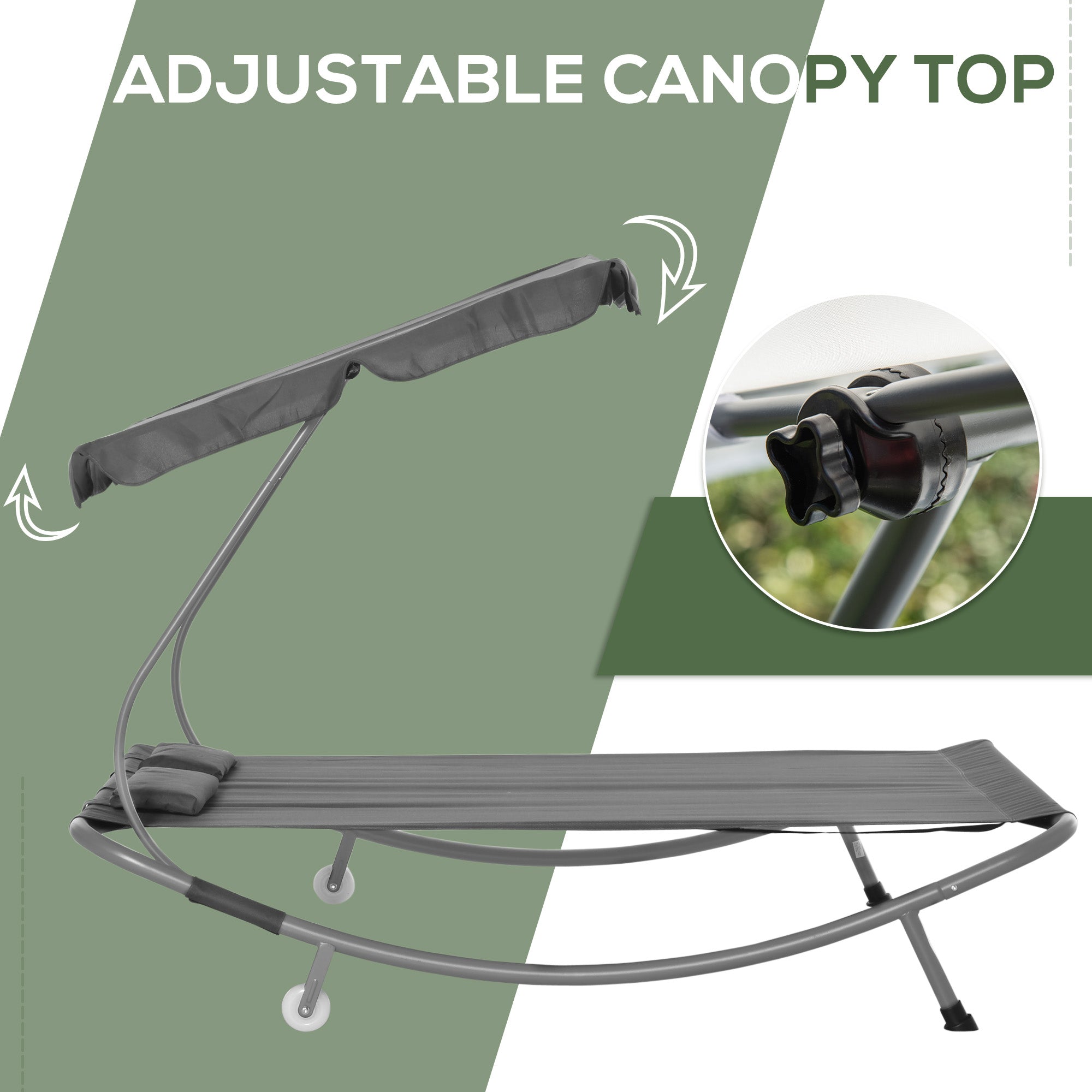 Outsunny Patio Double Hammock Sun Lounger Bed w/ Canopy Shelter, Wheels & 2 Pillows, Grey - North Peak Garden Furniture
