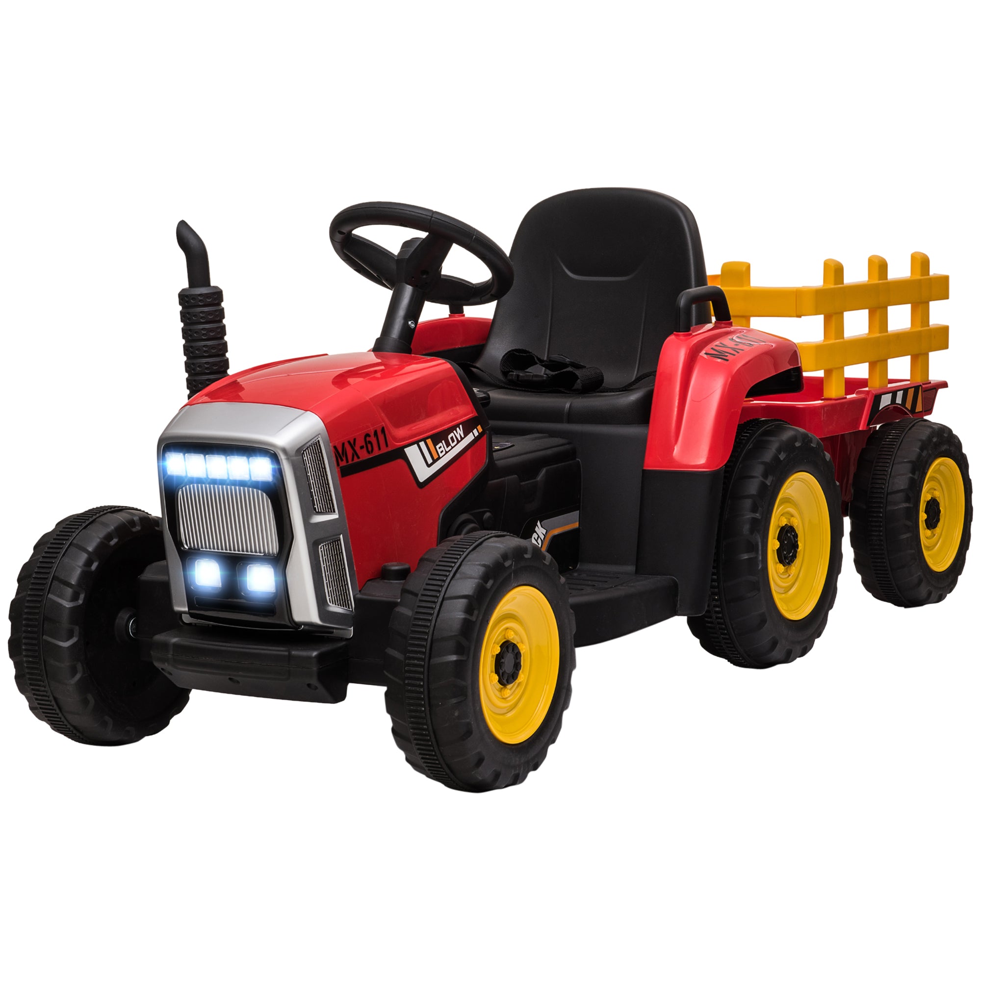 HOMCOM Ride On Tractor, Battery Powered Electric Car, with Detachable Trailer, Remote Control, Music - Red