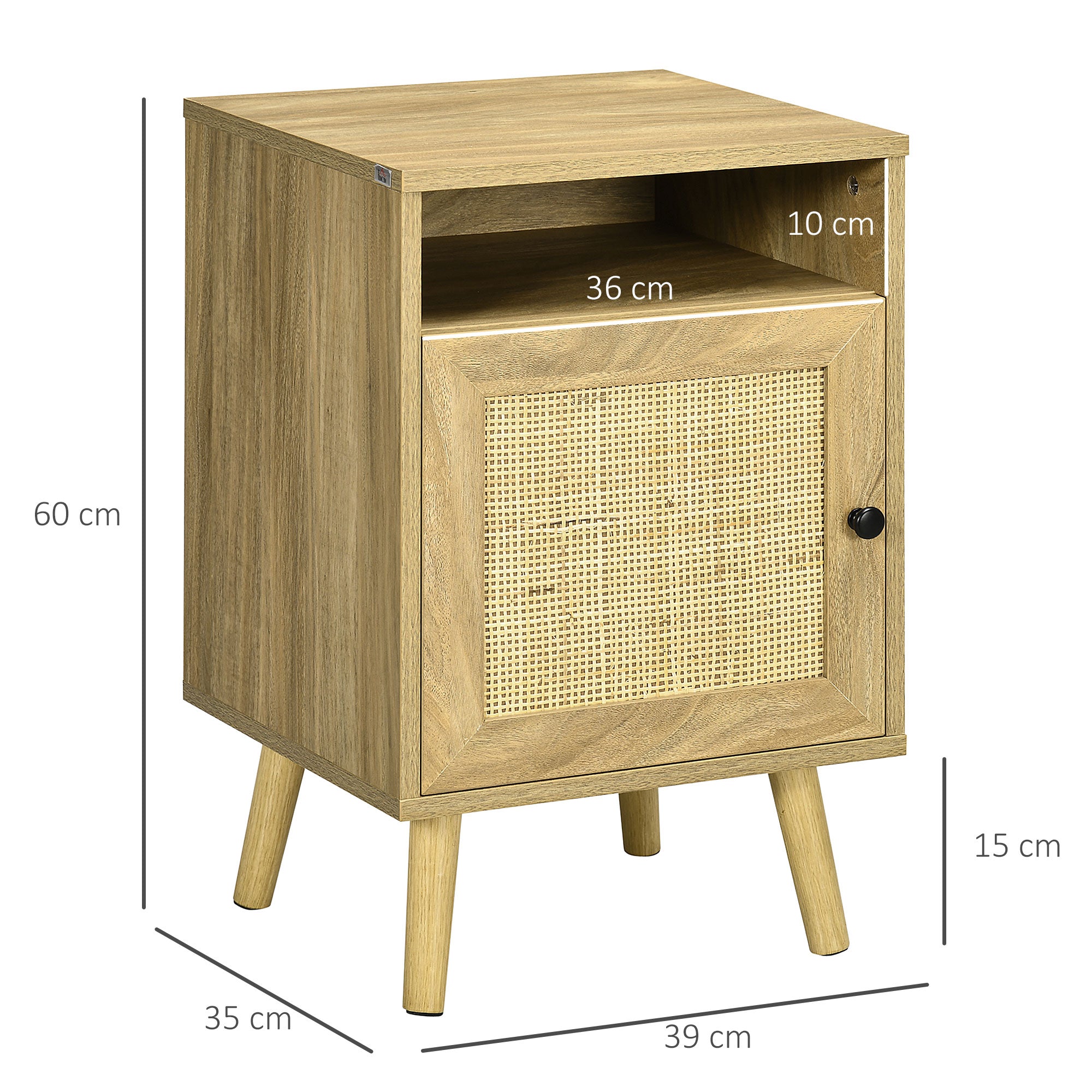 HOMCOM Bedside Table with Rattan Element, Side End Table with Shelf and Cupboard, 39cmx35cmx60cm, Natural - North Peak Garden Furniture