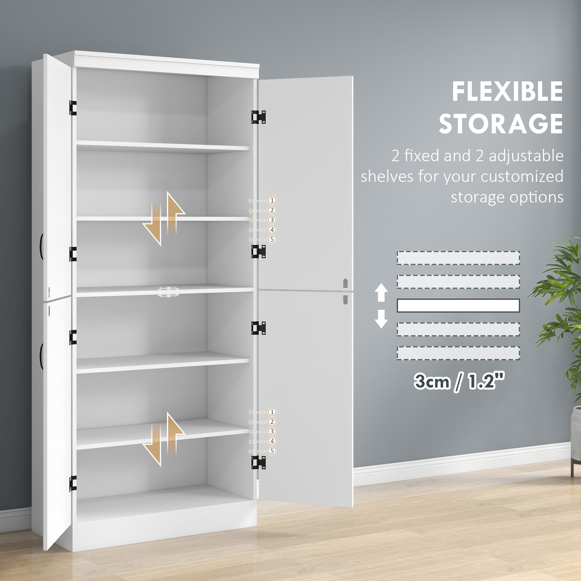 HOMCOM 4-Door Tall Kitchen Cupboard, Freestanding 6-Tier Storage Cabinet with 2 Adjustable Shelves for Living Room, Dining Room, White - North Peak Garden Furniture