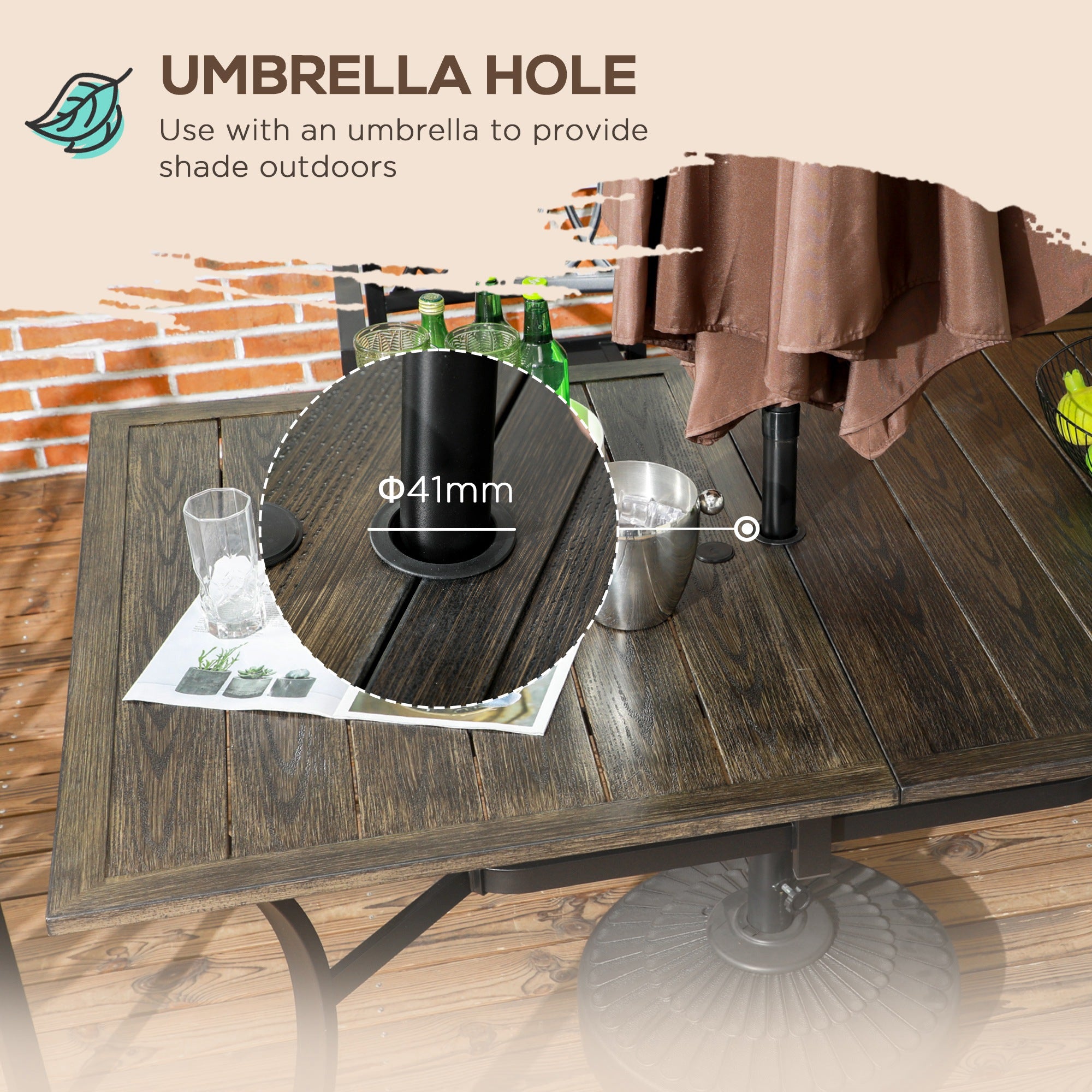 Outsunny Six-Seater Steel Garden Table, with ⌀41mm Parasol Hole - Wood-Effect - North Peak Garden Furniture