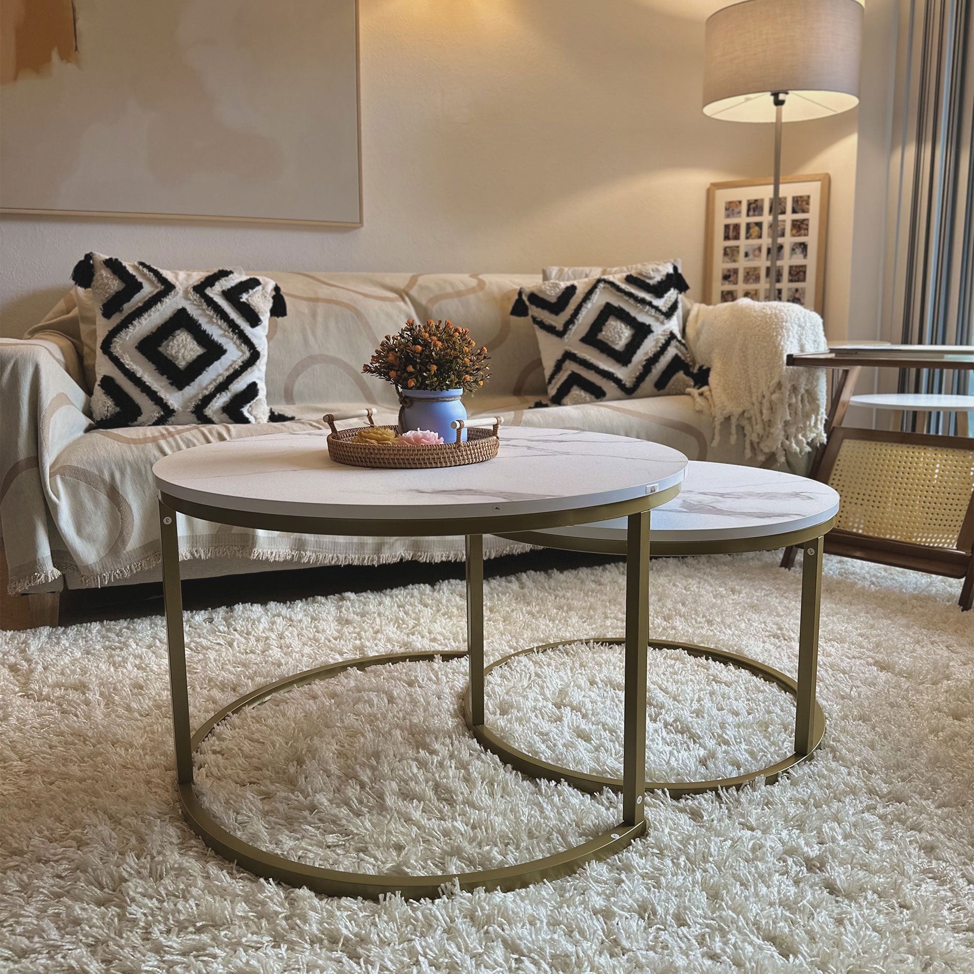 HOMCOM Coffee Table Set of 2, Round Nest of Tables with Faux Marble Tabletop and Metal Frame, Modern Side Tables for Living Room, White - North Peak Garden Furniture