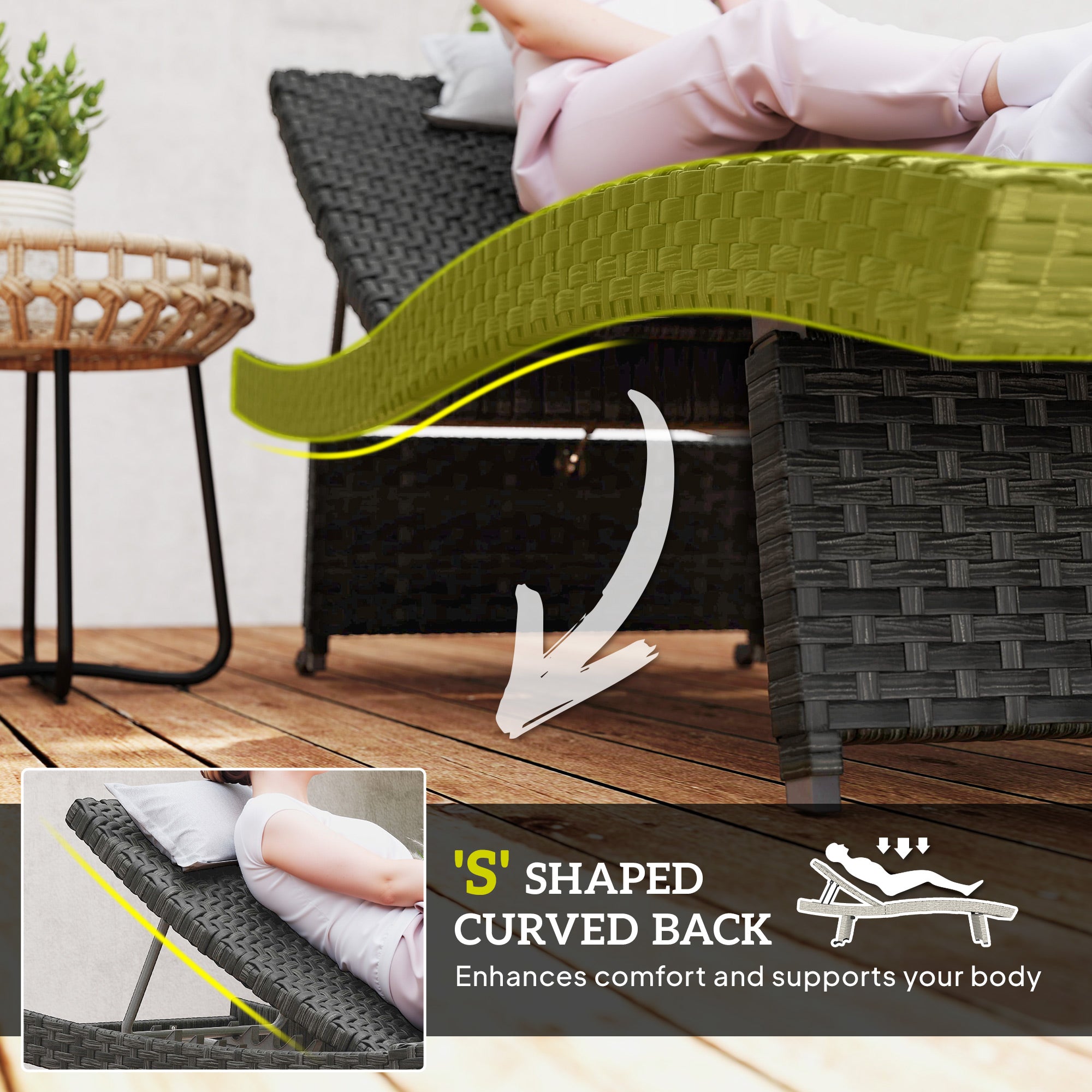 Outsunny Outdoor PE Rattan Sun Lounger, Folding Wicker Garden Lounger Recliner with 4-Level Adjustable Backrest, Rolling Sunbed Lounge Chair with Wheels, Non-Slip Legs for Balcony, Beach, Black - North Peak Garden Furniture