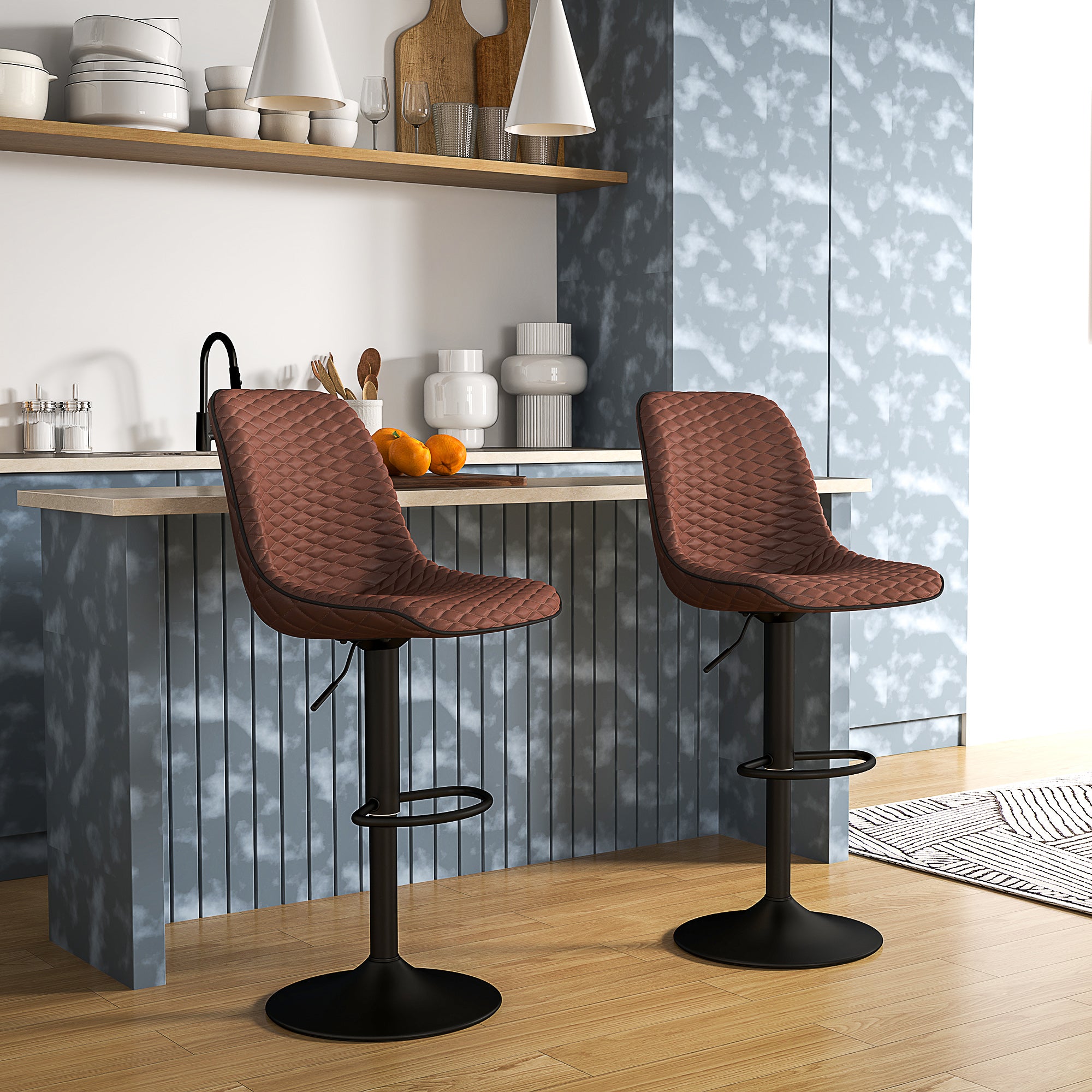 HOMCOM Set of Two Faux Leather Bar Stools - Brown - North Peak Garden Furniture