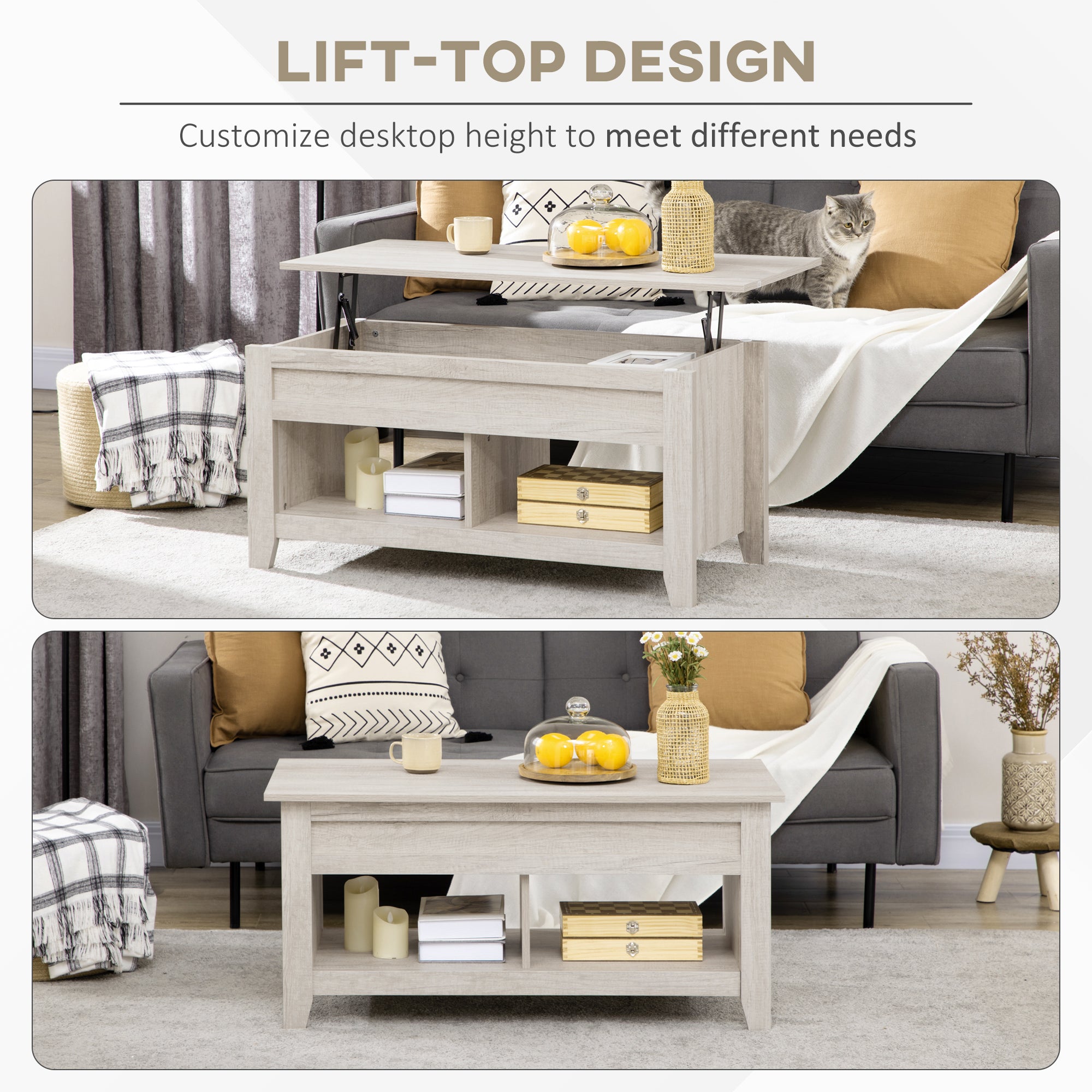 HOMCOM Lift Top Coffee Table w/ Hidden Storage Compartment Open Shelves Lift Tabletop Pop Up Centre Table for Living Room Oak Effect