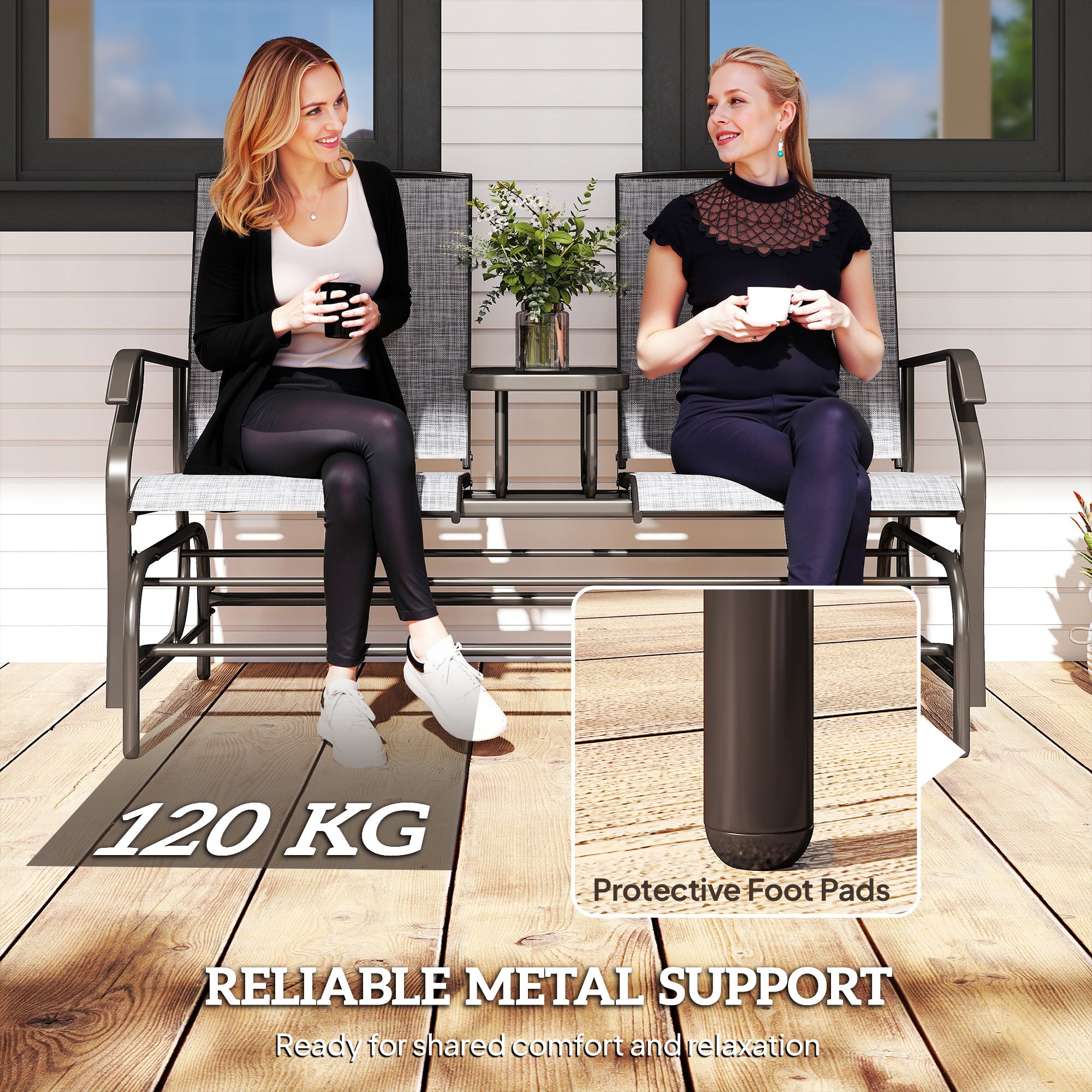 Outsunny 2 Seats Garden Glider Bench, Metal Frame Loveseat with Glass Top  Centre Table, Porch Rocking Glider for 2 Person, for Deck, Patio, Brown/ Grey