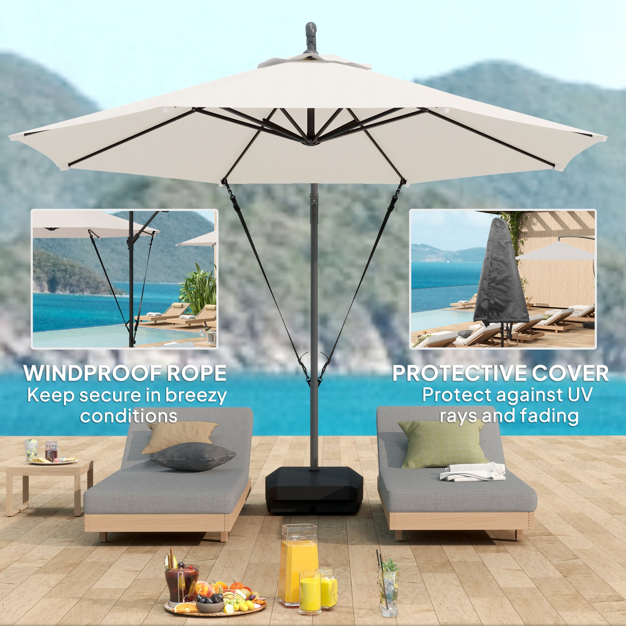 Outsunny 3(m) Garden Cantilever Parasol with Fillable Base up to 90kg, Wind Protection Strap, Cover, Round Banana Hanging Umbrella with Crank Handle and Tilt, UPF50+ Patio Umbrella, Cream
