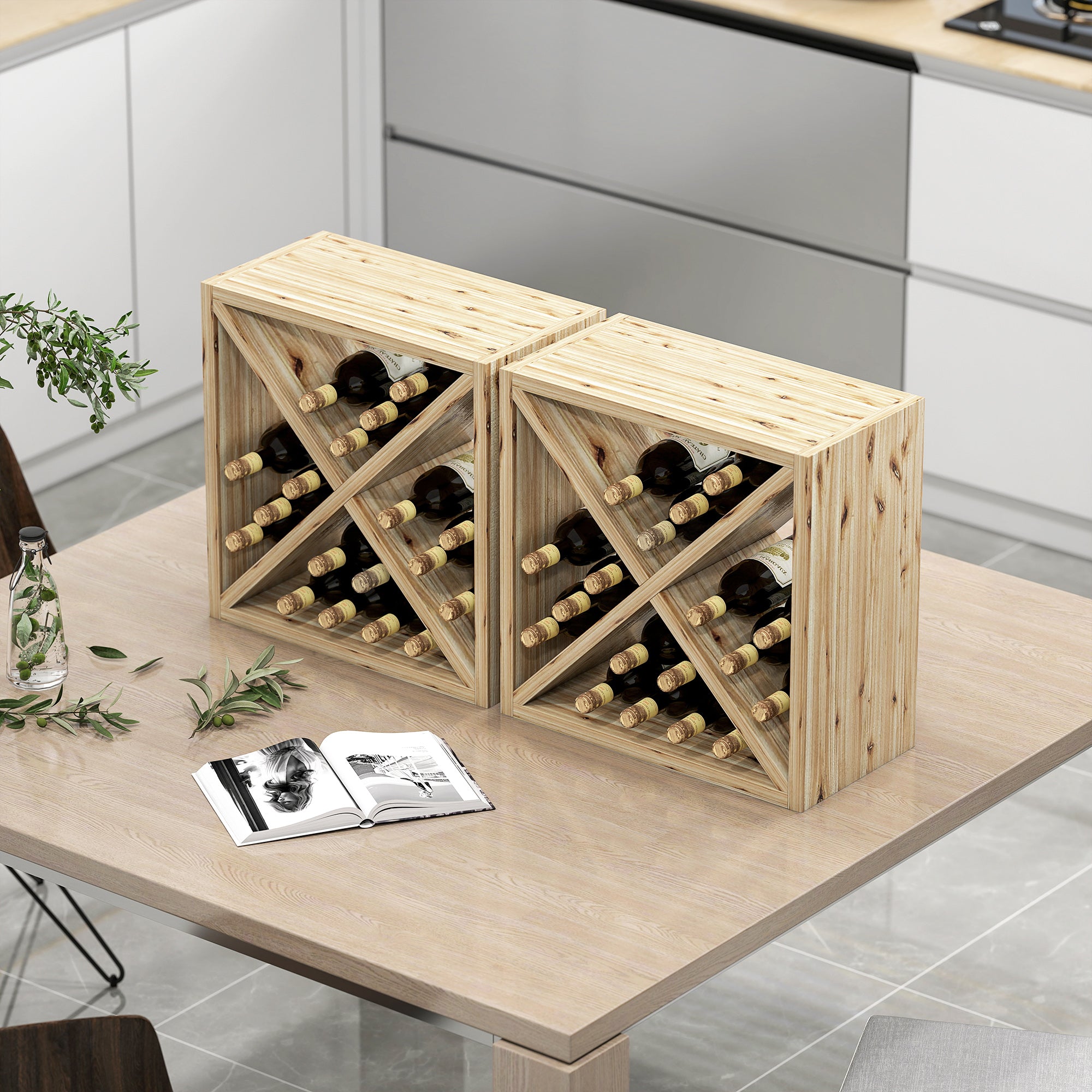 HOMCOM Set of 2 Wooden Wine Rack, X-Shaped Square Tabletop Storage Holder for 24 Bottle, Natural Wood