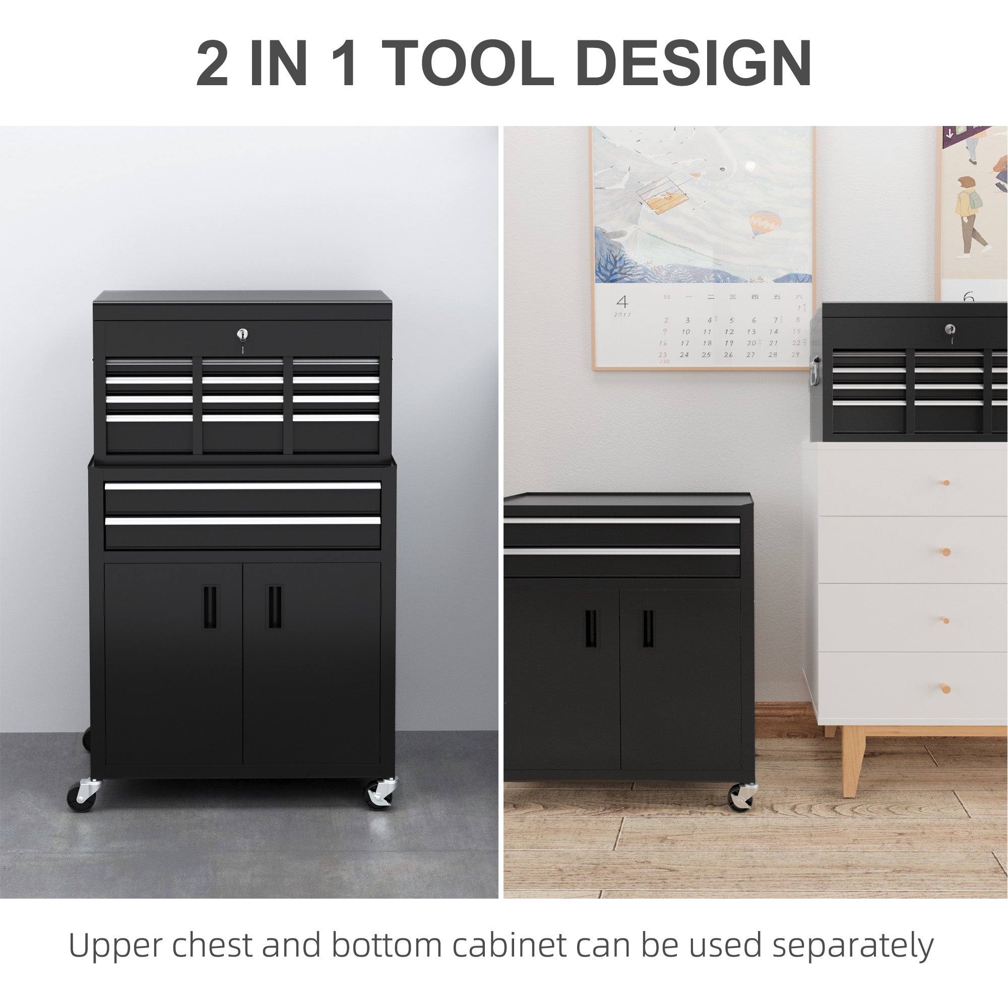 HOMCOM Portable Tool Box, Metal Tool Chest on Wheels with 6 Drawers for Garage and Workshop, Black - North Peak Garden Furniture