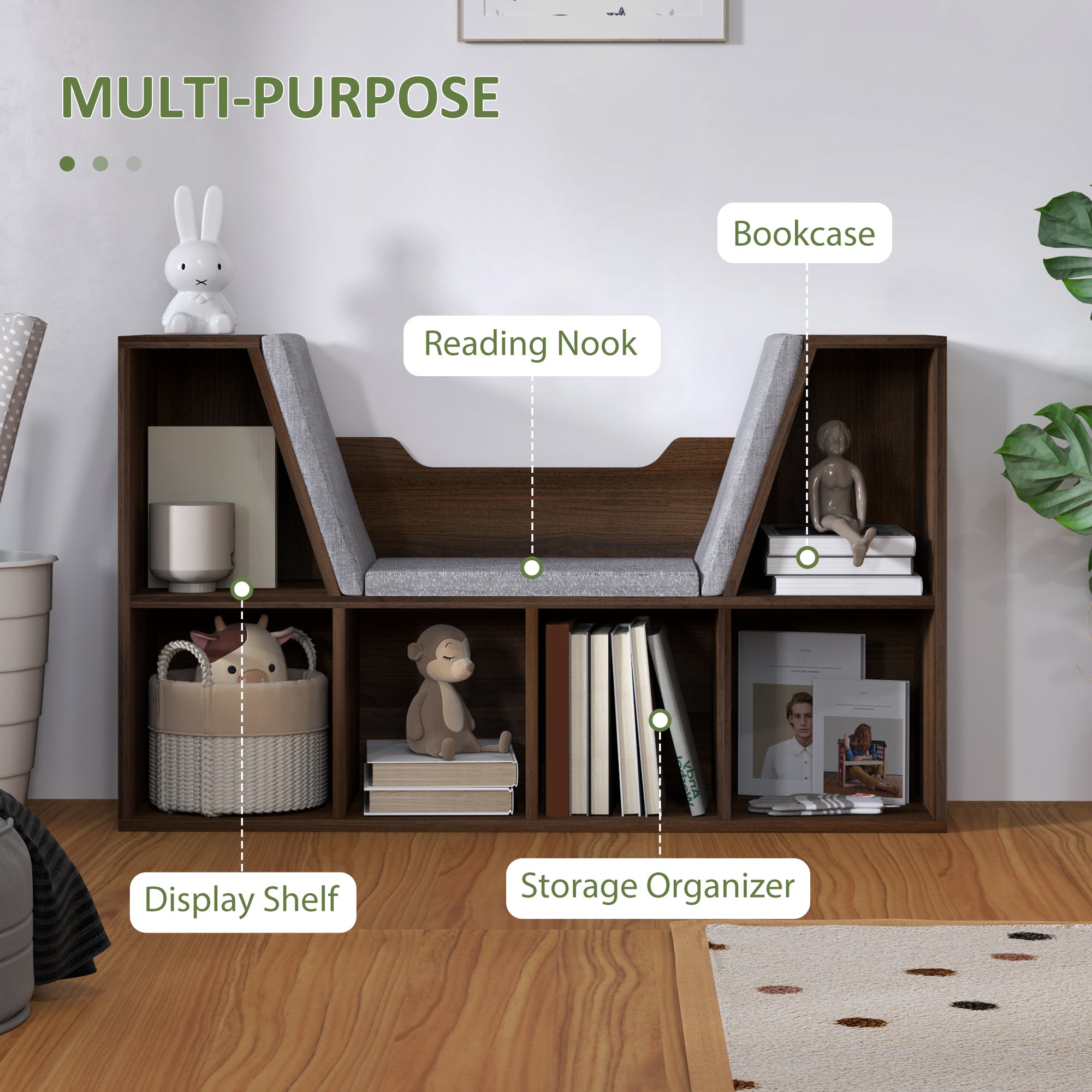 HOMCOM Bookcase Storage Shelf with Cushioned Reading Seat, Cube Bookshelf Organizer for Bedroom Living Room, Chestnut - North Peak Garden Furniture