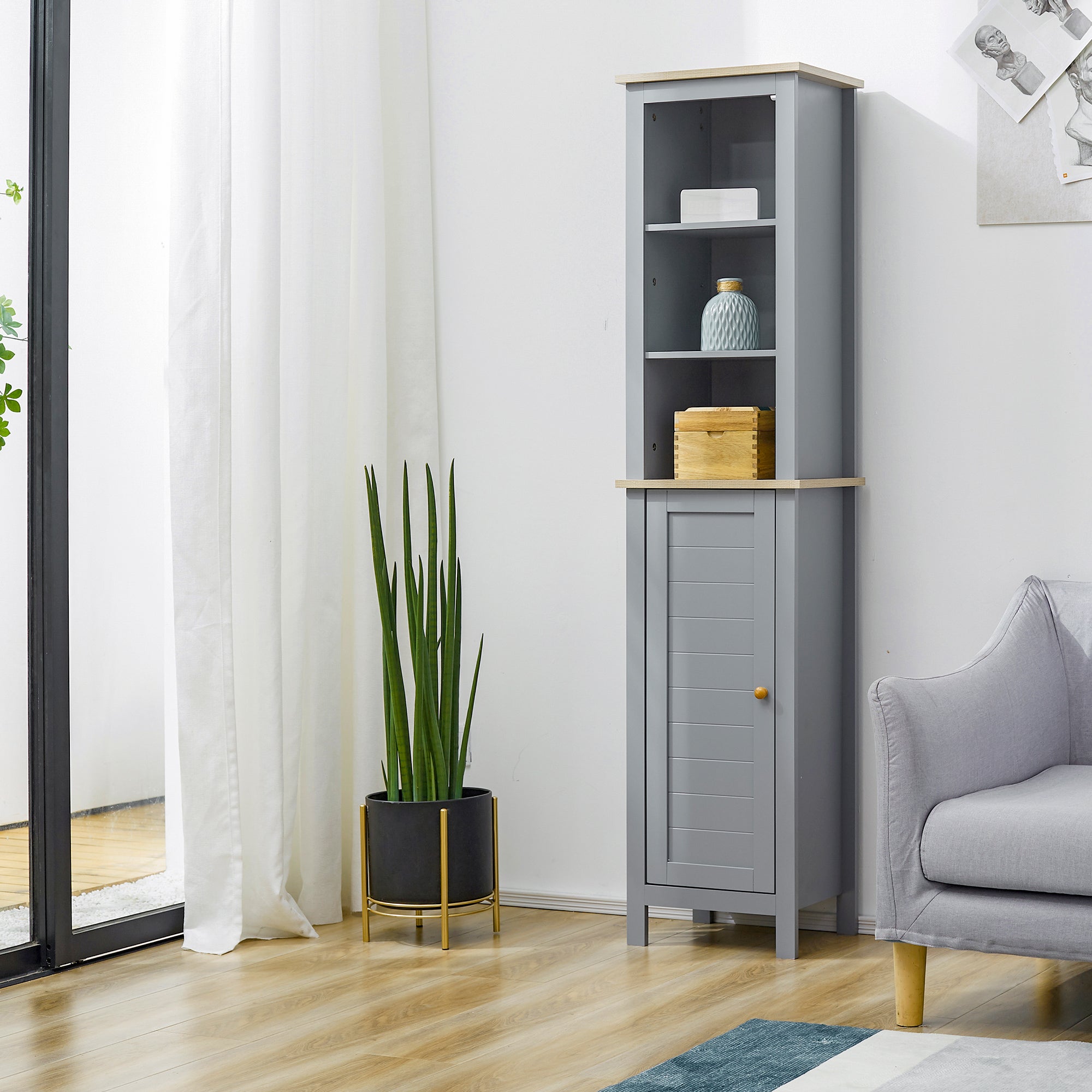 kleankin Bathroom Floor Storage Cabinet with 3 Tier Shelf and Cupboard with Door, Free Standing Linen Tower, Tall Slim Side Organizer Shelves, Grey - North Peak Garden Furniture