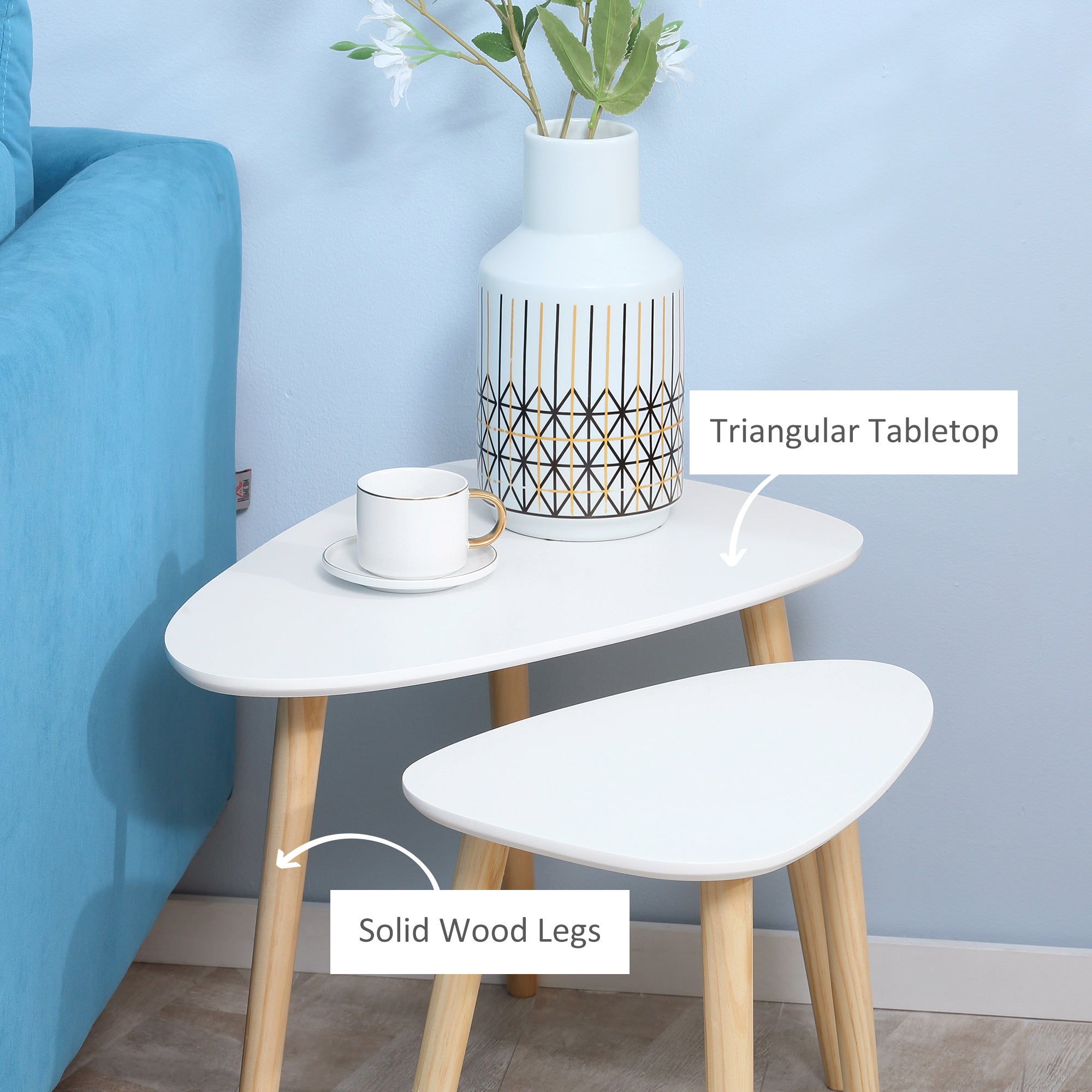 HOMCOM Nesting Coffee Table, Set of 2 Side Tables, Stacking End Tables with Solid Wood Legs, for Living Room Bedroom, White - North Peak Garden Furniture