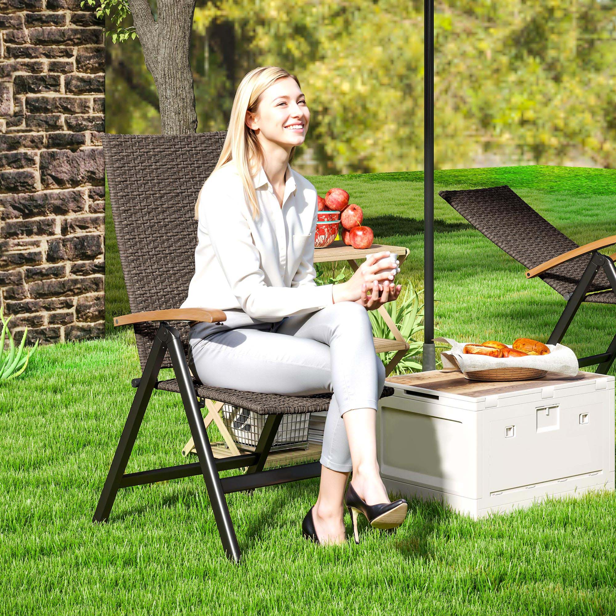 Outsunny Outdoor Folding Rattan Chair with Armrests, High Backrest, for Garden, Camping, Balcony, Porch - Brown - North Peak Garden Furniture