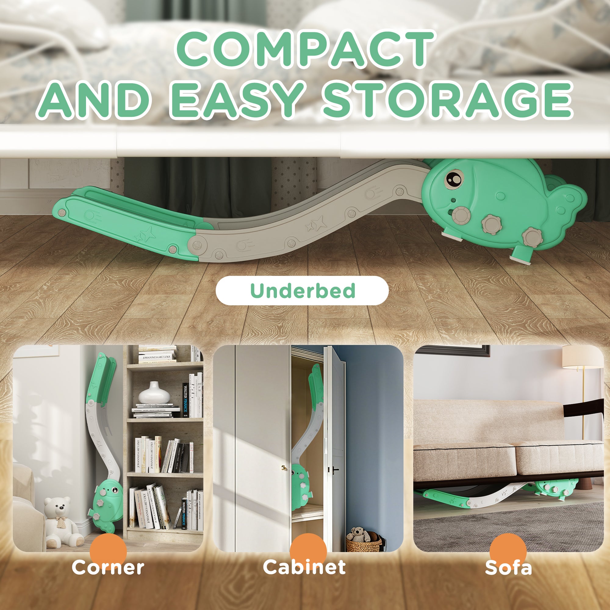 AIYAPLAY Kids Sofa Slide with 130cm Extended Length, HDPE Toddler Slide for Sofa, Bed, Stairs, Easy Assemble & Storage, Green - North Peak Garden Furniture
