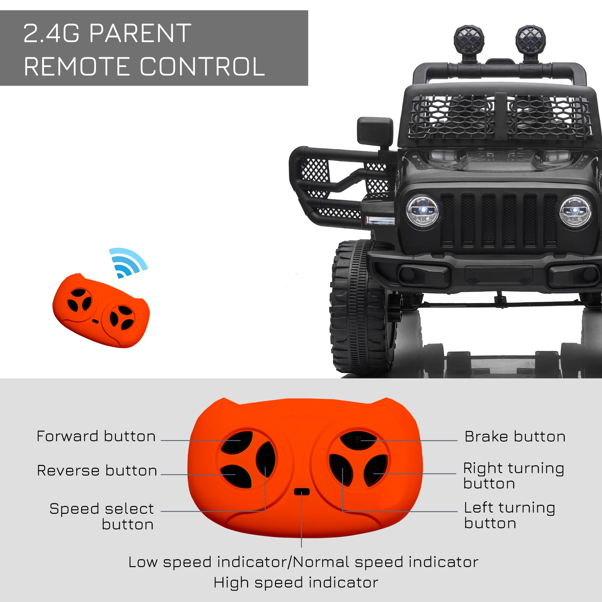 HOMCOM Kids Electric Ride On Car 12V Off Road Toy with Parental Remote Control 2 Motors Horn Lights Suspension Wheels for 3-6 Years Old Black - North Peak Garden Furniture