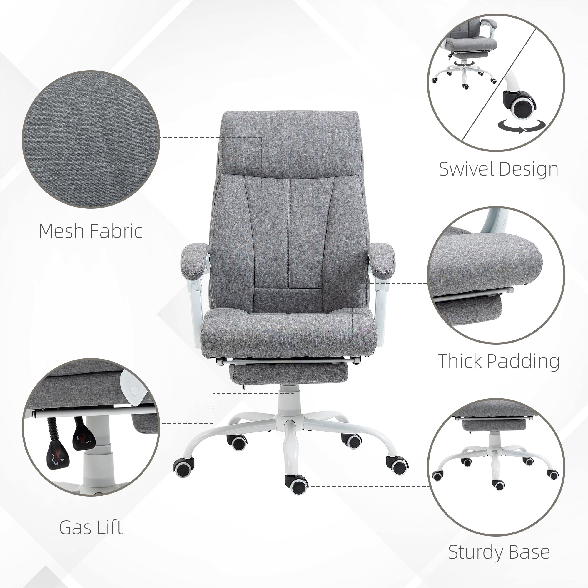 Vinsetto Office Chair, Ergonomic Desk Chair, Fabric Work Study Chair with 155° Reclining Back and Footrest, Adjustable Height and Swivel Wheels, Grey - North Peak Garden Furniture