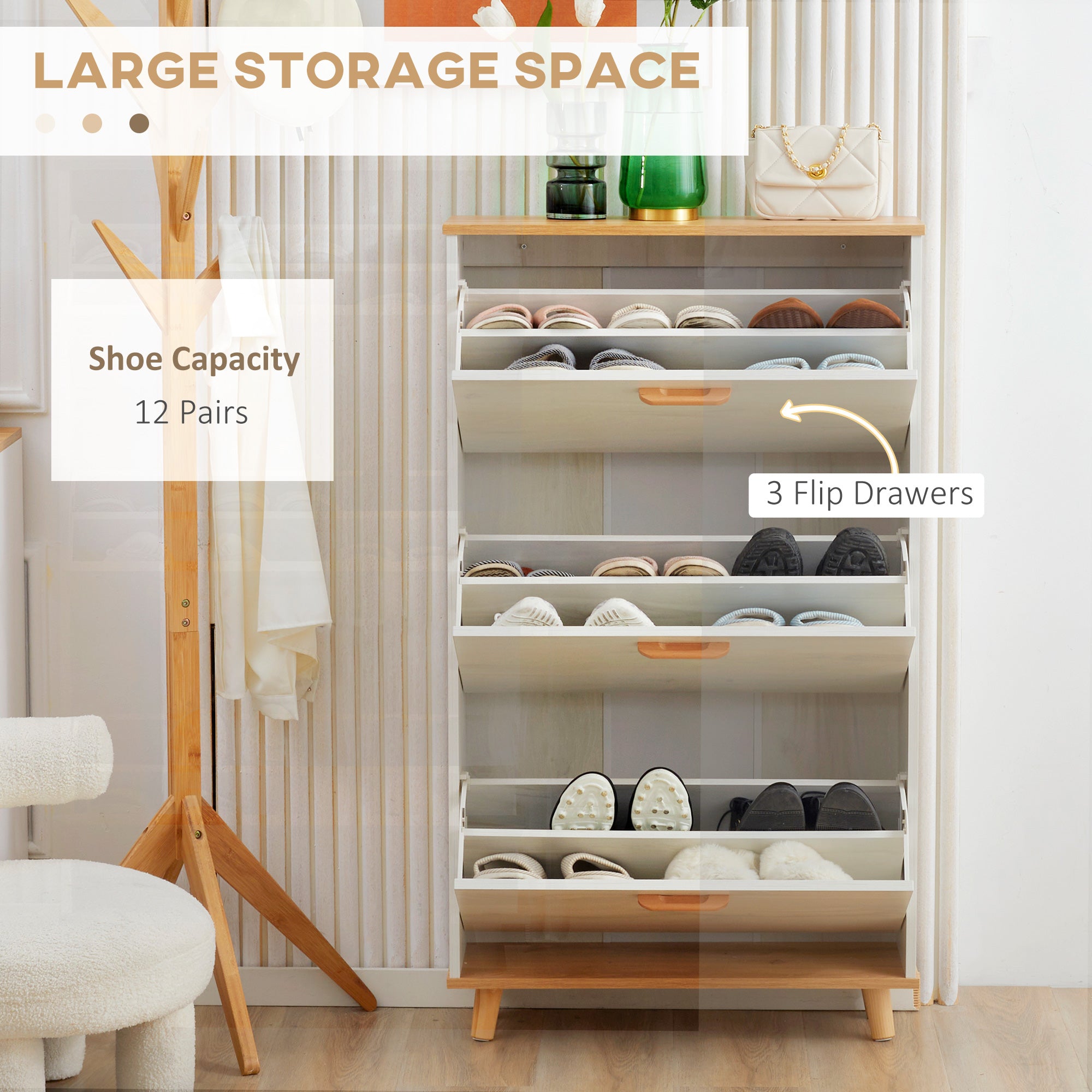 HOMCOM Narrow Shoe Cabinet, Slim Shoe Storage Cabinet with 3 Flip Drawers and Adjustable Shelves, 12 Pair of Shoes Organizer for Hallway, Entryway, Cream White - North Peak Garden Furniture