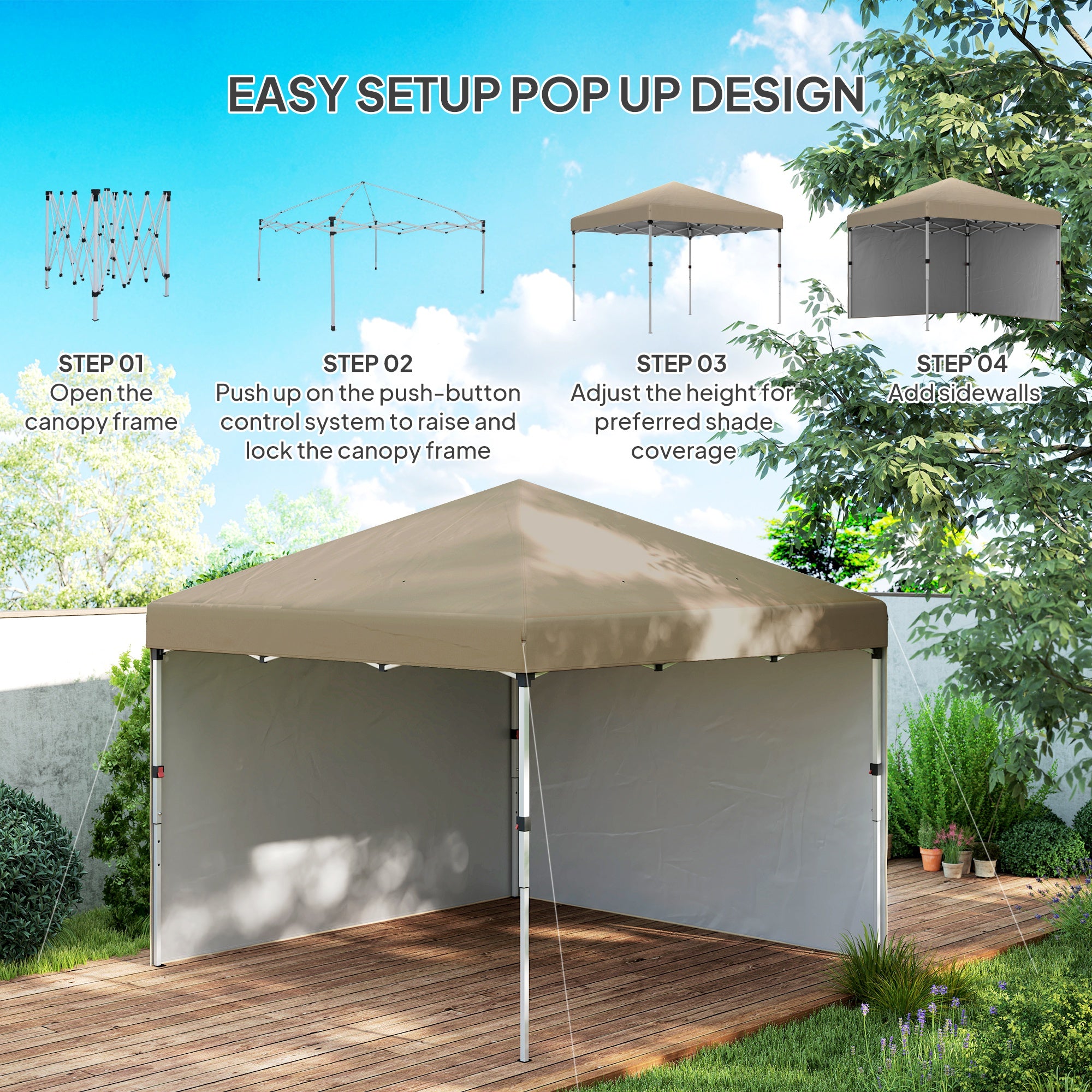 Outsunny 3 x 3 (M) Pop Up Gazebo, UPF 30+ with 2 Sidewalls, Leg Weight Bags and Wheeled Bag, Height Adjustable Party Tent Event Shelter for Garden, Patio, Khaki - North Peak Garden Furniture