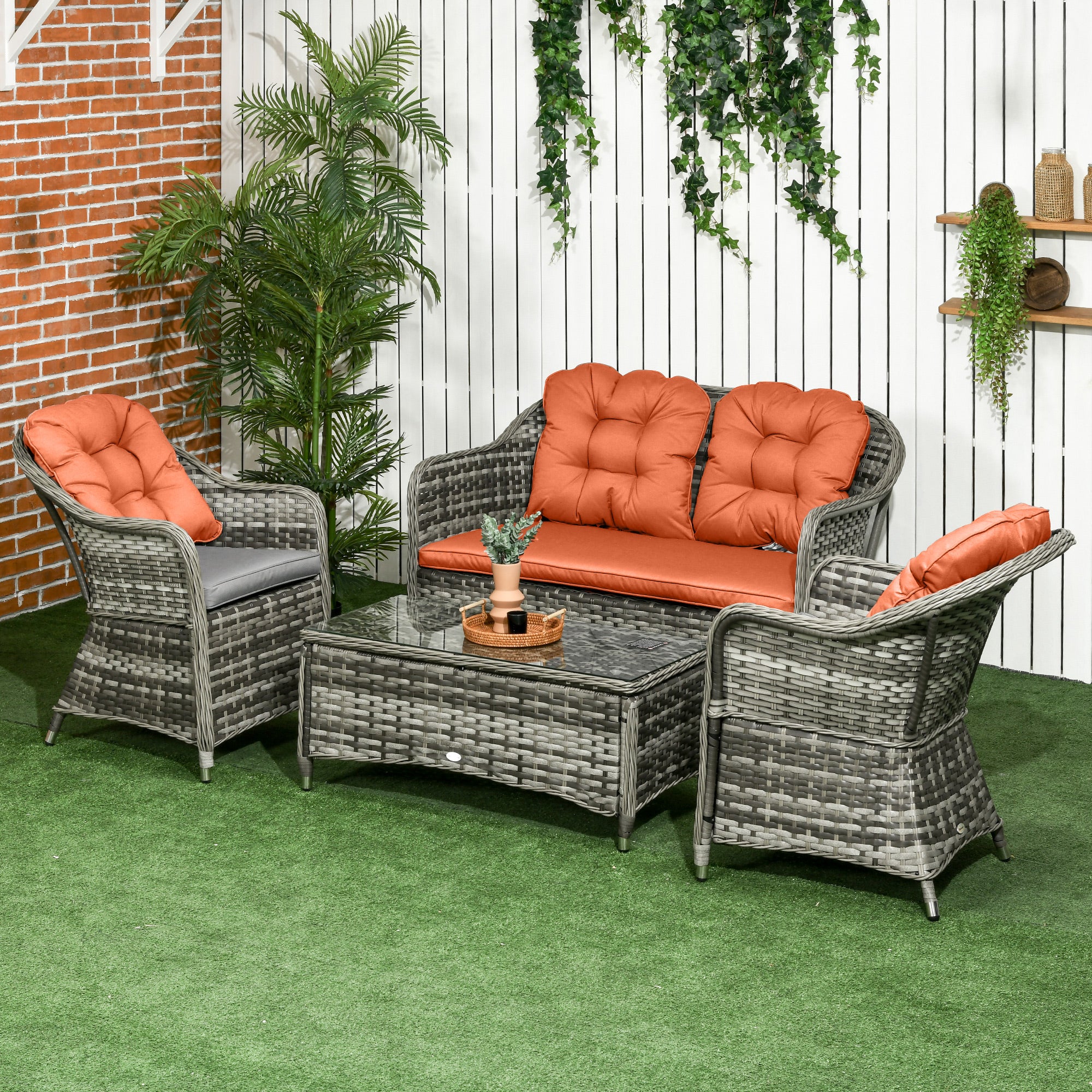 Outsunny Four-Piece Rattan Sofa Set, with Glass-Top Table - Orange - North Peak Garden Furniture