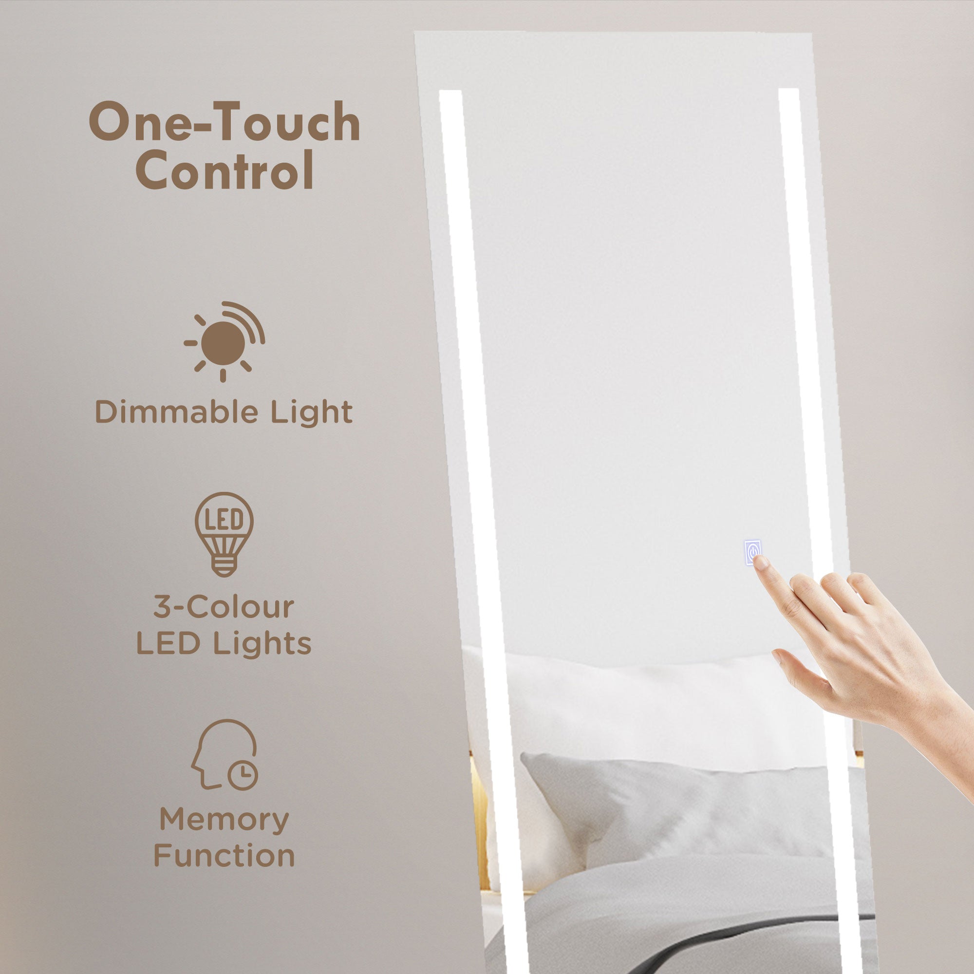 HOMCOM Standing Dressing Mirror with LED Lights, Wall Dressing Mirror for Bedroom with Dimmable and 3 Colour Lighting, White - North Peak Garden Furniture