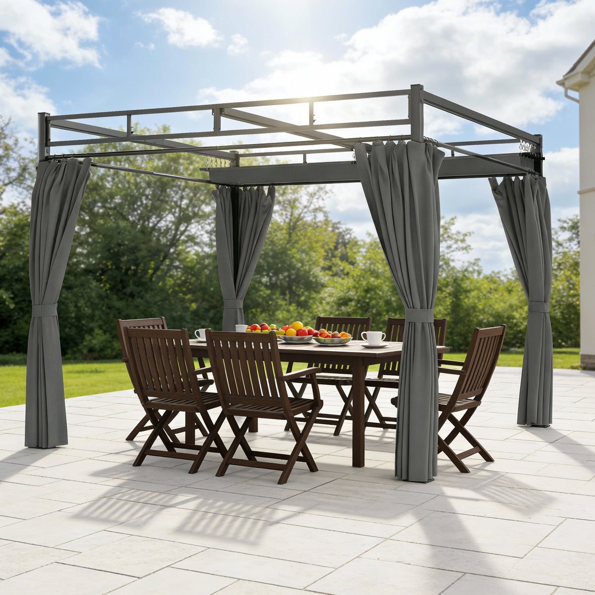 Outsunny 3 x 3 m Pergola with Retractable Roof Canopy and Curtains, UPF30+ Metal Frame Garden Pergola Gazebo Sun Shade, Dark Grey
