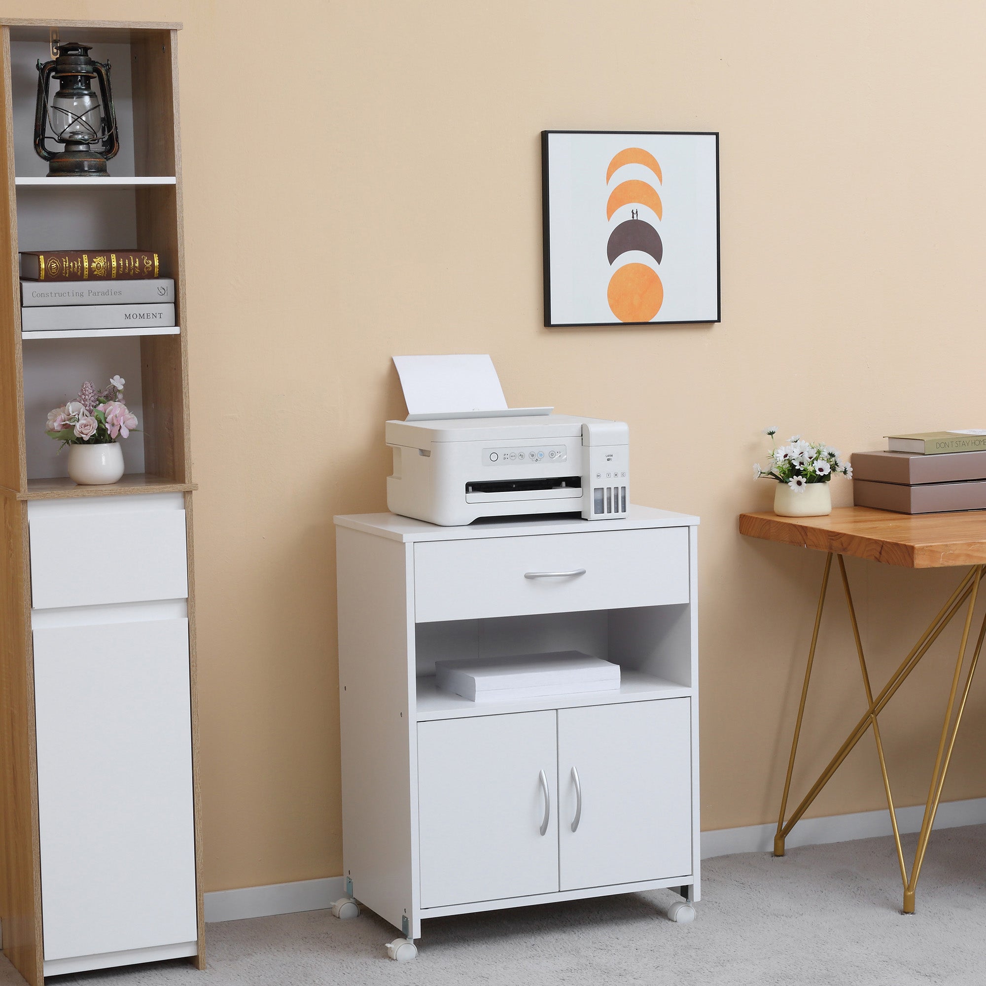 Vinsetto Printer Stand Mobile Printer Cabinet with Storage, Open Shelf, Drawer for Home Office, 60cm x 39cm x 80cm, White - North Peak Garden Furniture
