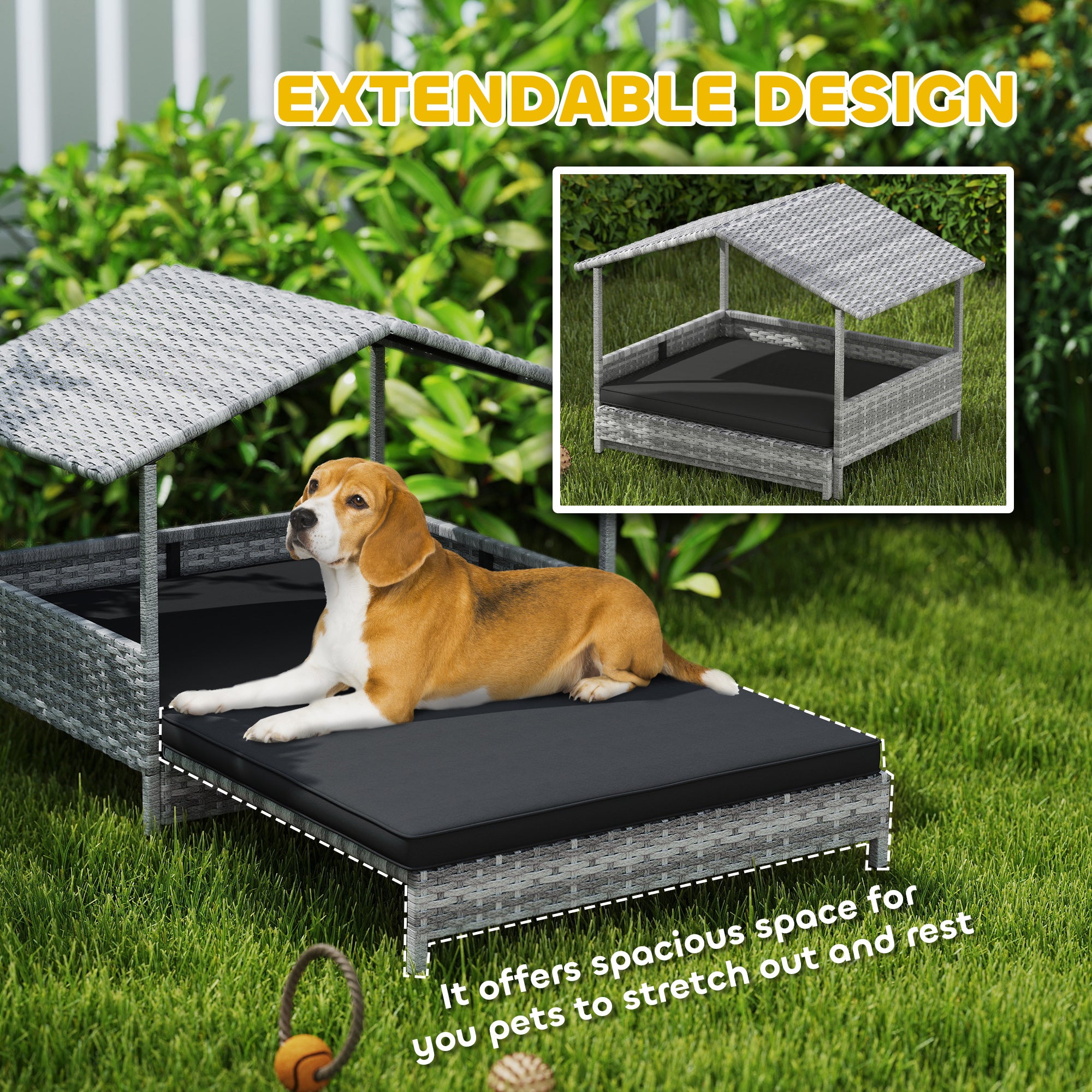 PawHut Extendable Elevated Dog Bed, Rattan Dog House, with Water-Resistant Roof, Removable Cushion, Charcoal Grey - North Peak Garden Furniture