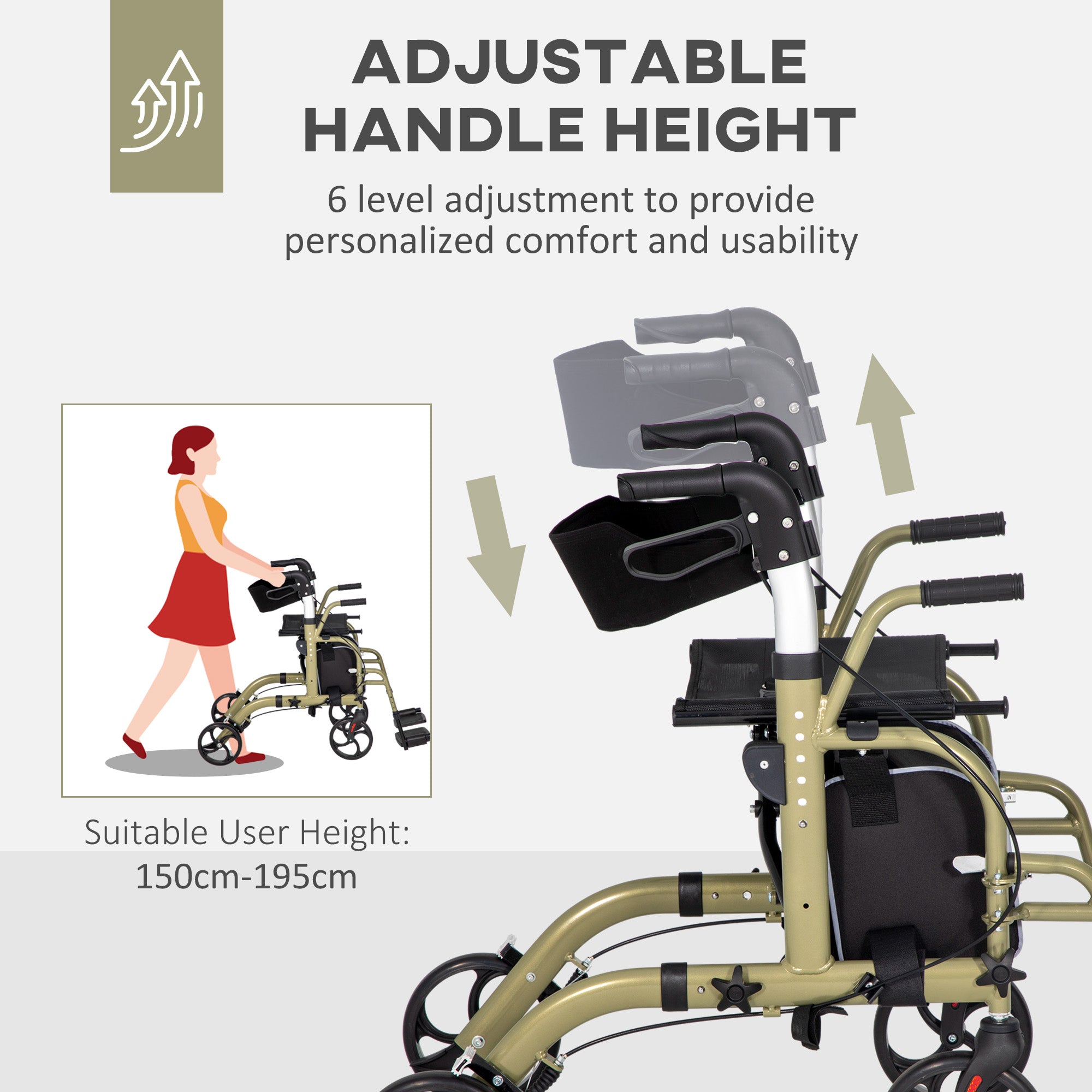 HOMCOM 2 in 1 Wheelchair & Folding Rollator Walker with Seat, Backrest, Footrest Combo, Lightweight Walking Frame with Storage Bag, Adjustable Height, 4 Wheeled Walker for Seniors, Yellow-green - North Peak Garden Furniture