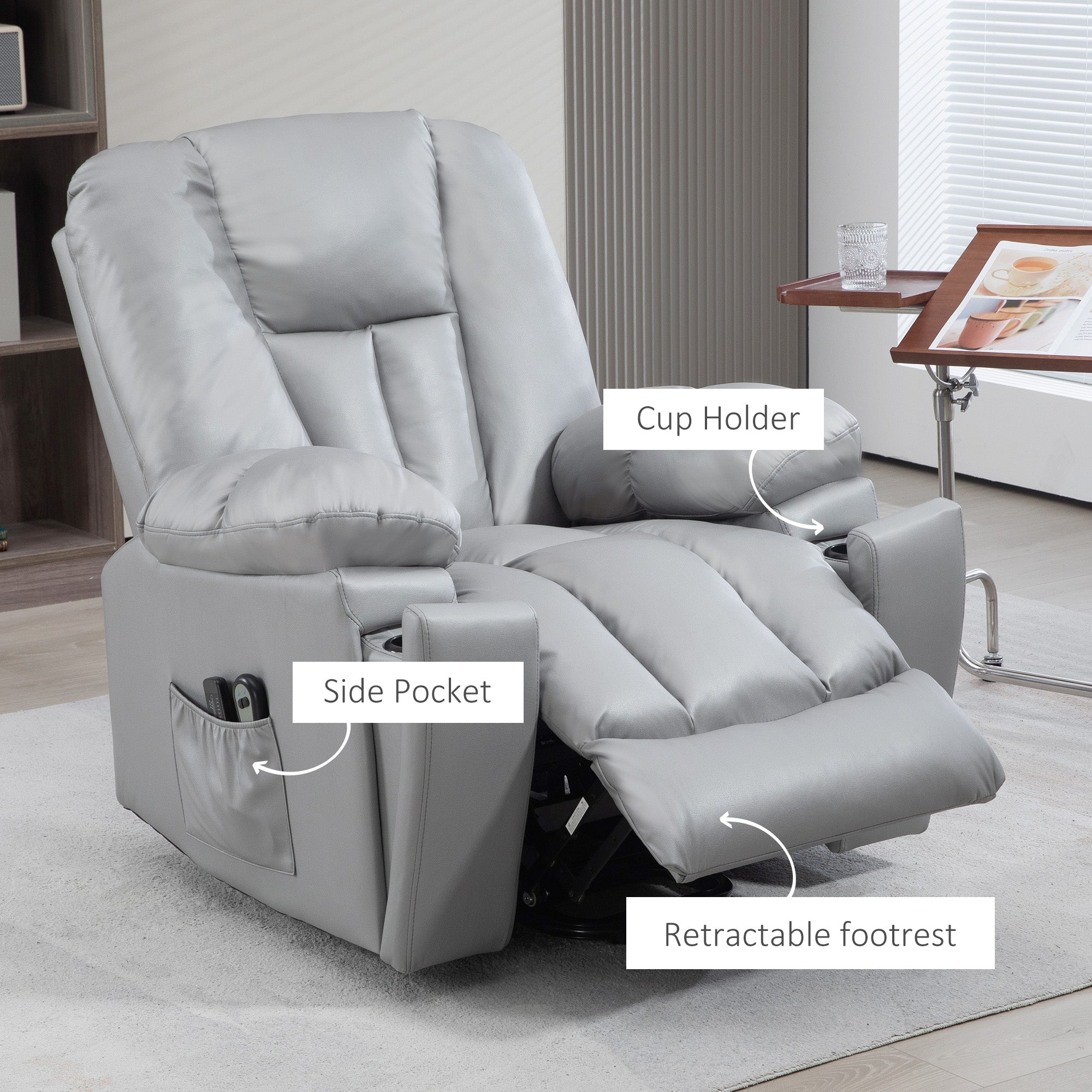 HOMCOM Leathaire Eight Massage Point Armchair, with Reclining Back - Charcoal Grey