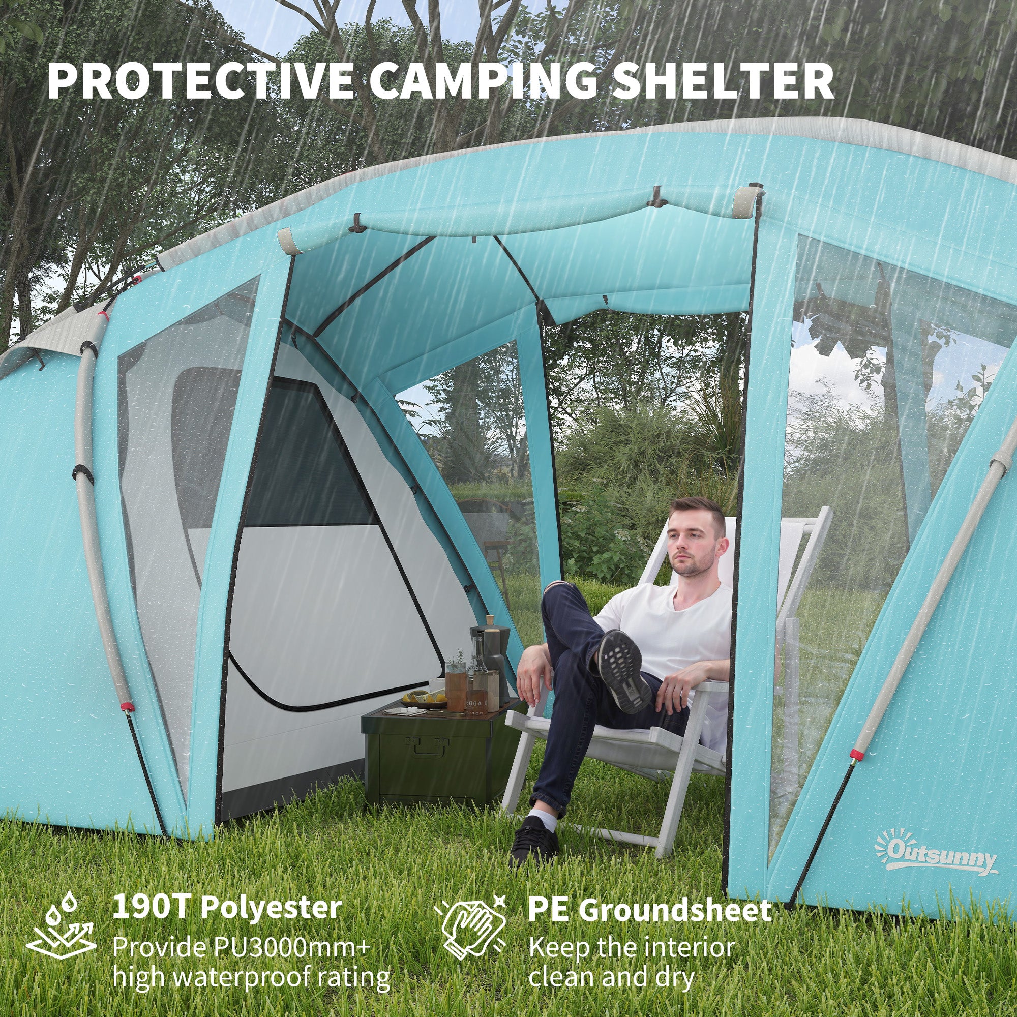 Outsunny 4-6 Man Family Camping Tent w/ 2 Bedrooms and a Living Room, Waterproof Tunnel Tent w/ Sewn In Groundsheet, Doors, Windows, Carry Bag, Blue - North Peak Garden Furniture