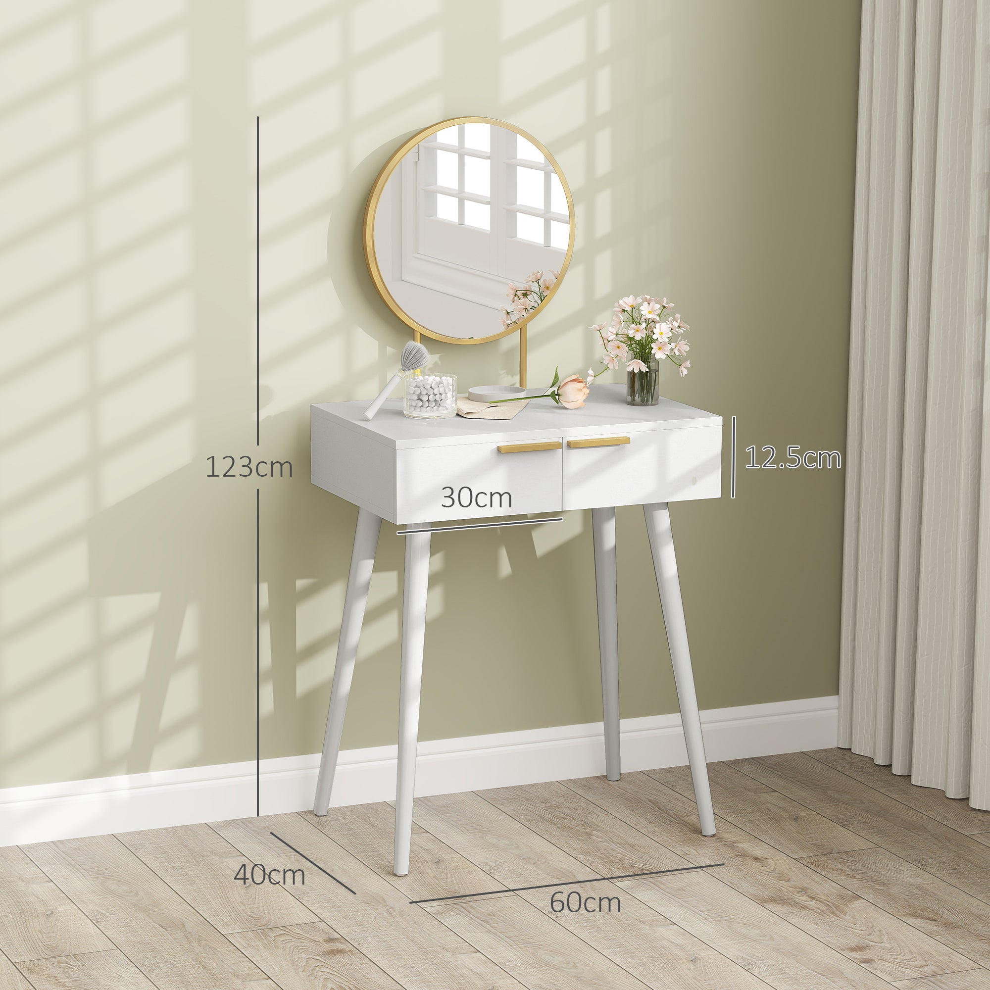 HOMCOM Elegant Dressing Table, with Round Mirror, 60 x 40 x 123 cm - White - North Peak Garden Furniture