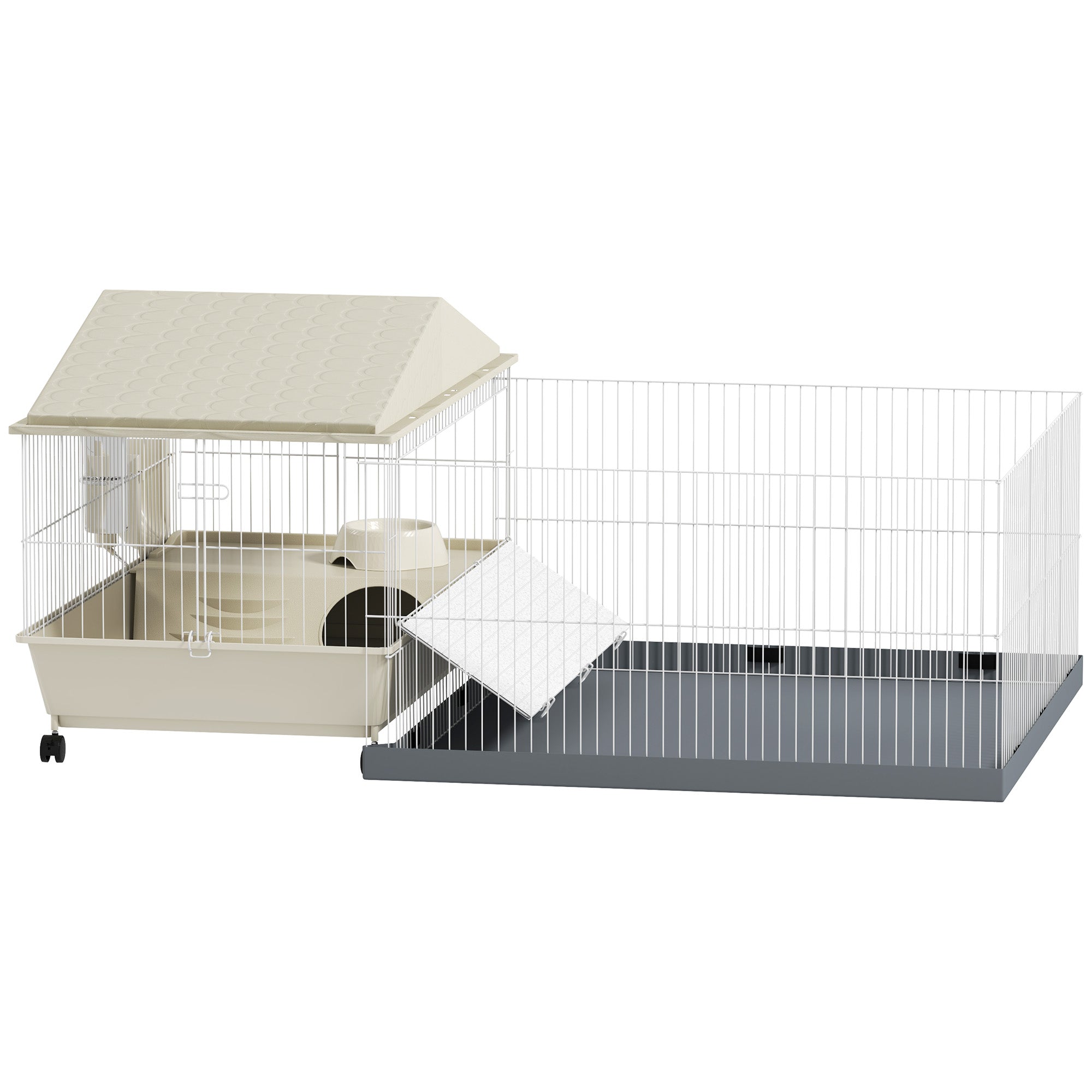 PawHut Small Animal Cage with Removable Pet Playpen, Guinea Pig Cage with Waterproof Pad, Hay Feeder, 108 x 71 x 57cm, Beige - North Peak Garden Furniture