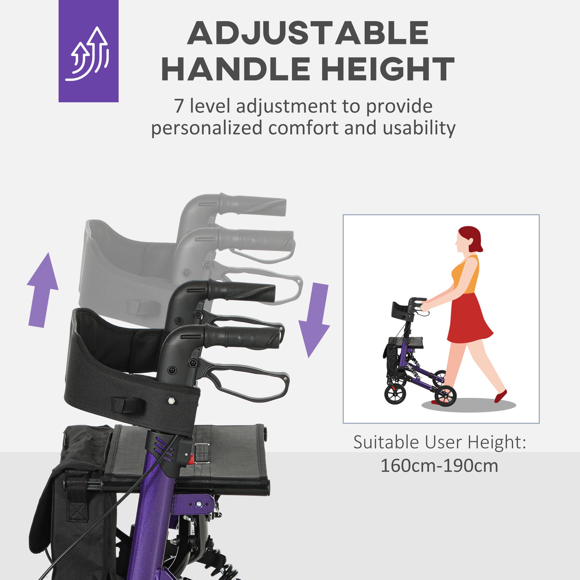 HOMCOM Folding Rollator Walker with Seat, Backrest, Lightweight Walking Frame with Storage Bag, Dual Brakes, Adjustable Handle Height, Suspension System, 4 Wheeled Walker for Seniors, Purple - North Peak Garden Furniture