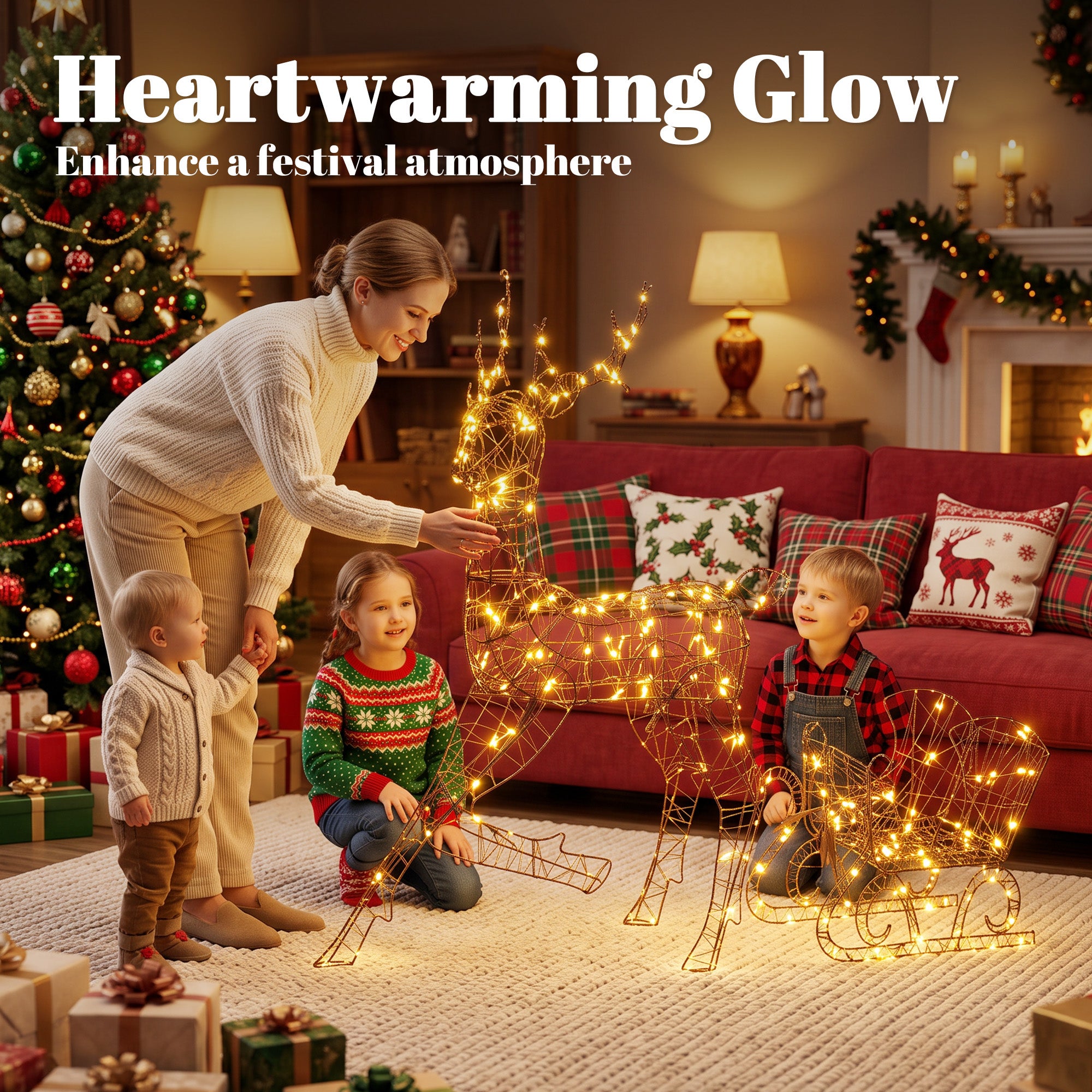 Outsunny Lighted Reindeer and Sleigh Set, 2-Piece PP Rattan Outdoor Christmas Decoration with LEDs, 8 Modes, Daily Timer