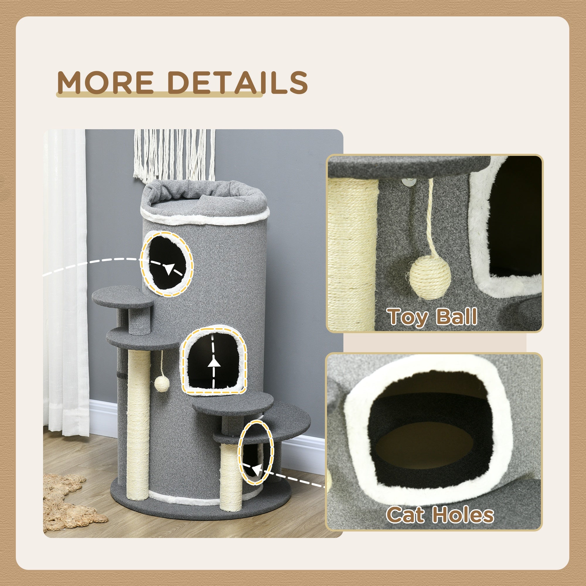 PawHut Barrel Shaped Cat Tree with Sisal Scratching Posts, Cat Bed, Platforms, Hanging Ball, Grey, Grey