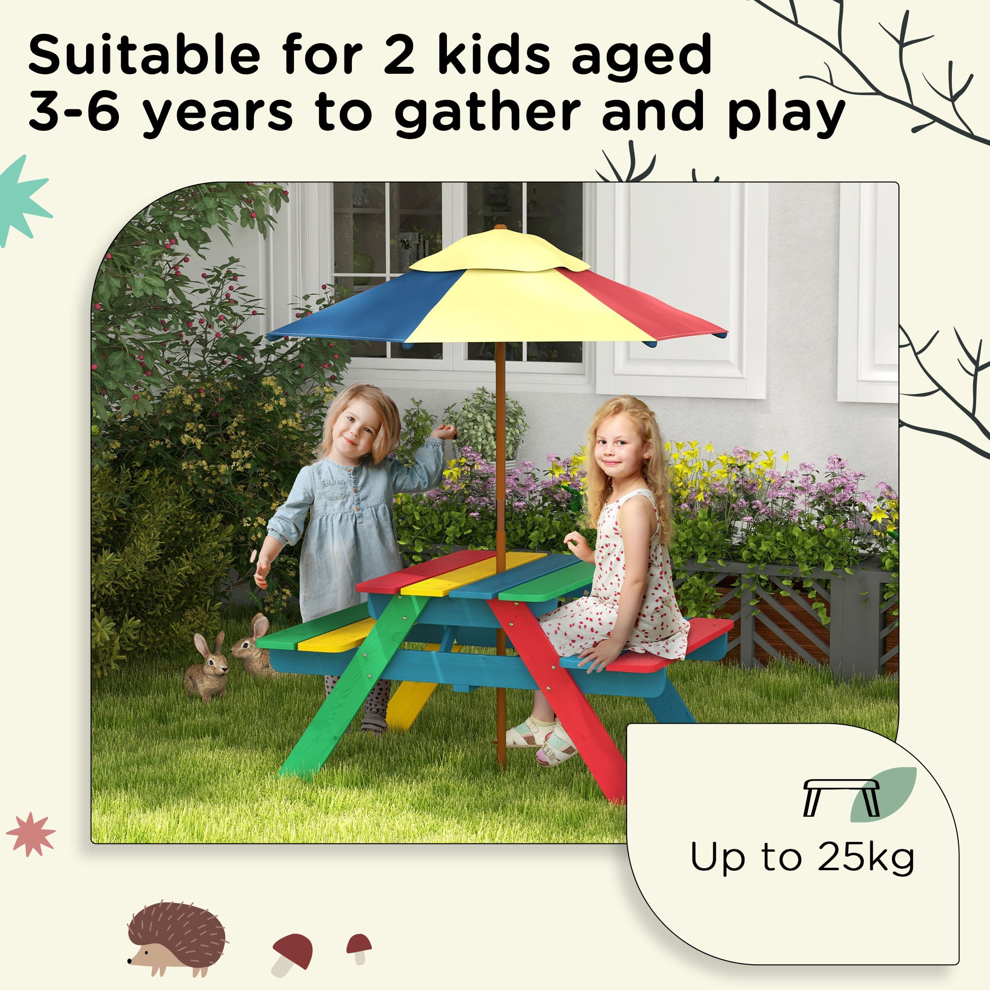Outsunny Wooden Kids Table and Chair Set with Removable Parasol, for Ages 3-6 Years - Multicoloured - North Peak Garden Furniture