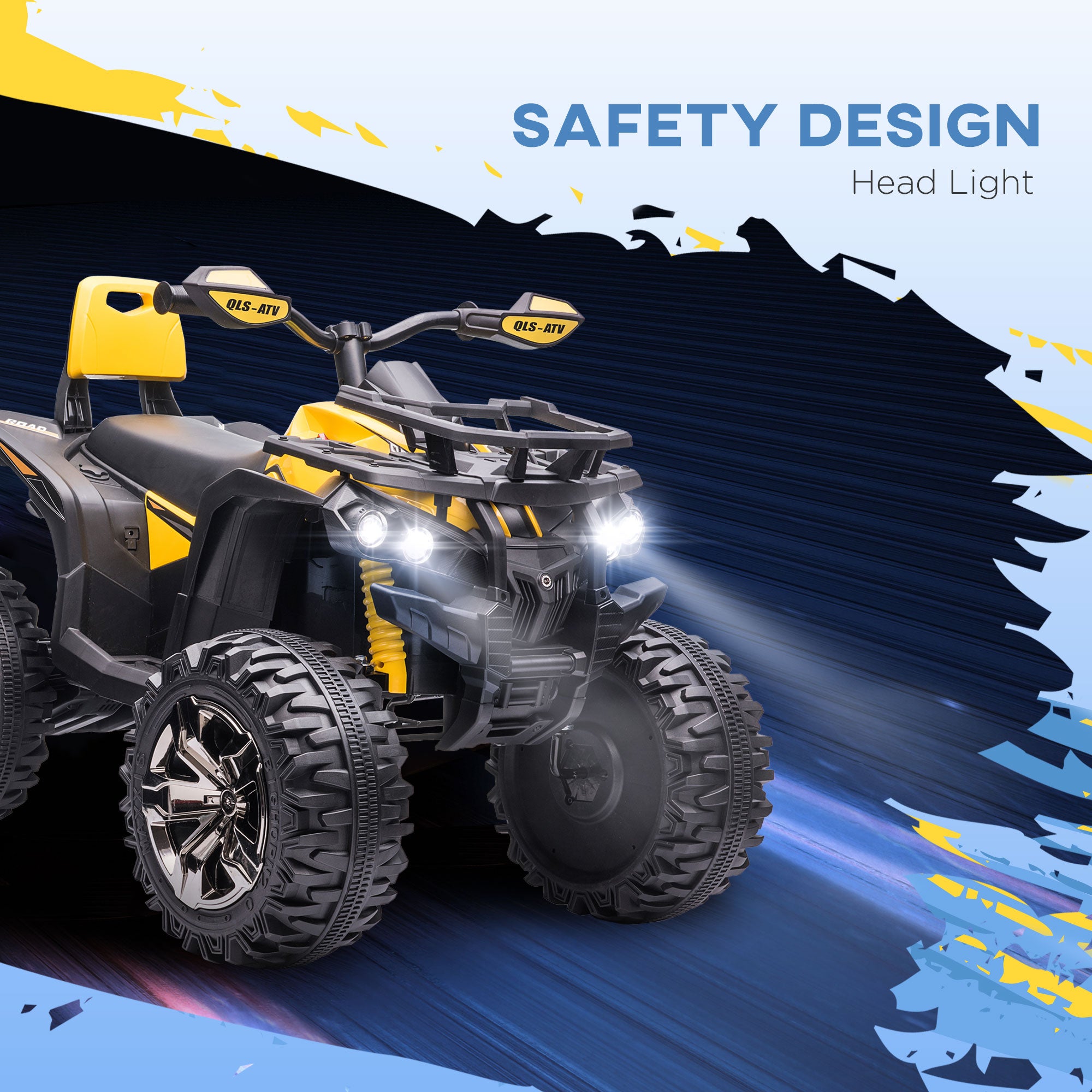 HOMCOM 12V Quad Bike ATV with LED Lights, Music, Backrest, Forward, Backward, Yellow - North Peak Garden Furniture