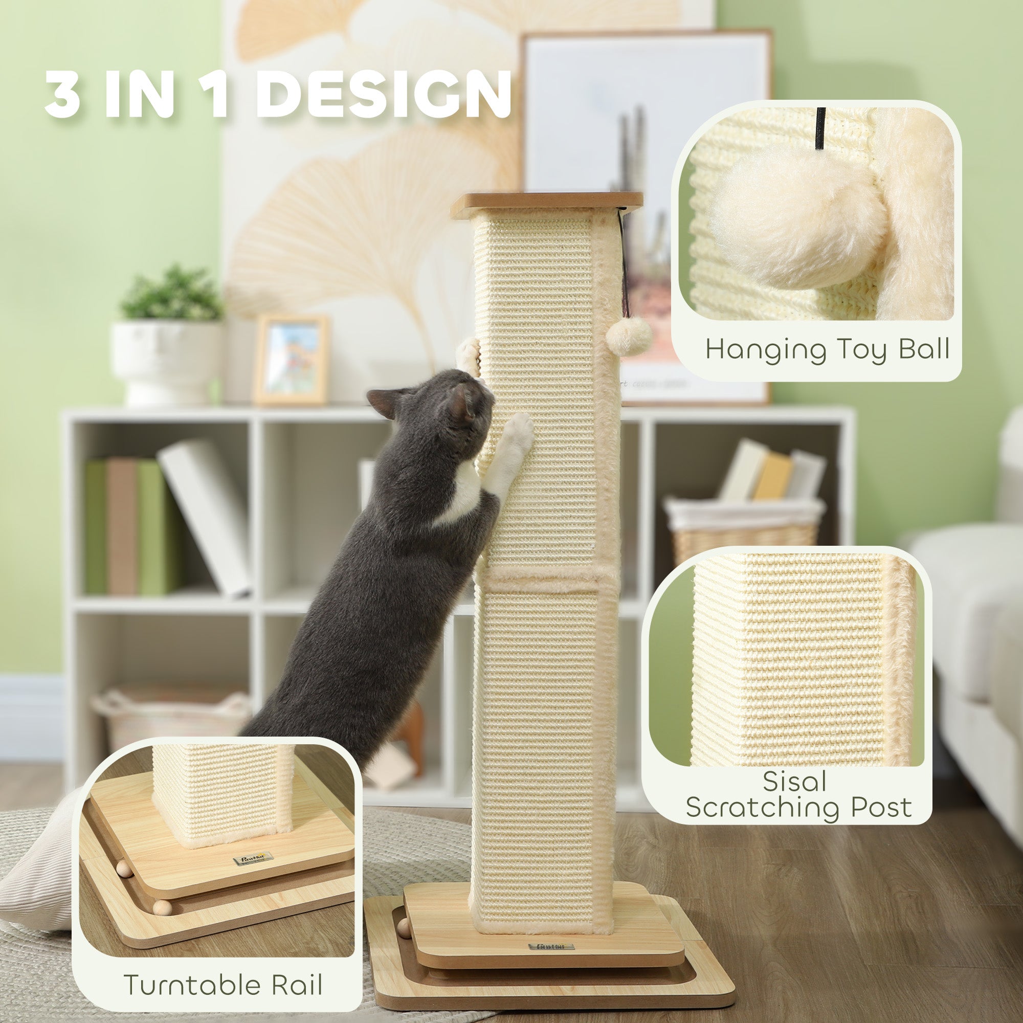 PawHut 3-in-1 Cat Scratching Post, 87cm Cat Scratcher w/ Track Ball Toy, Oak Tone - North Peak Garden Furniture
