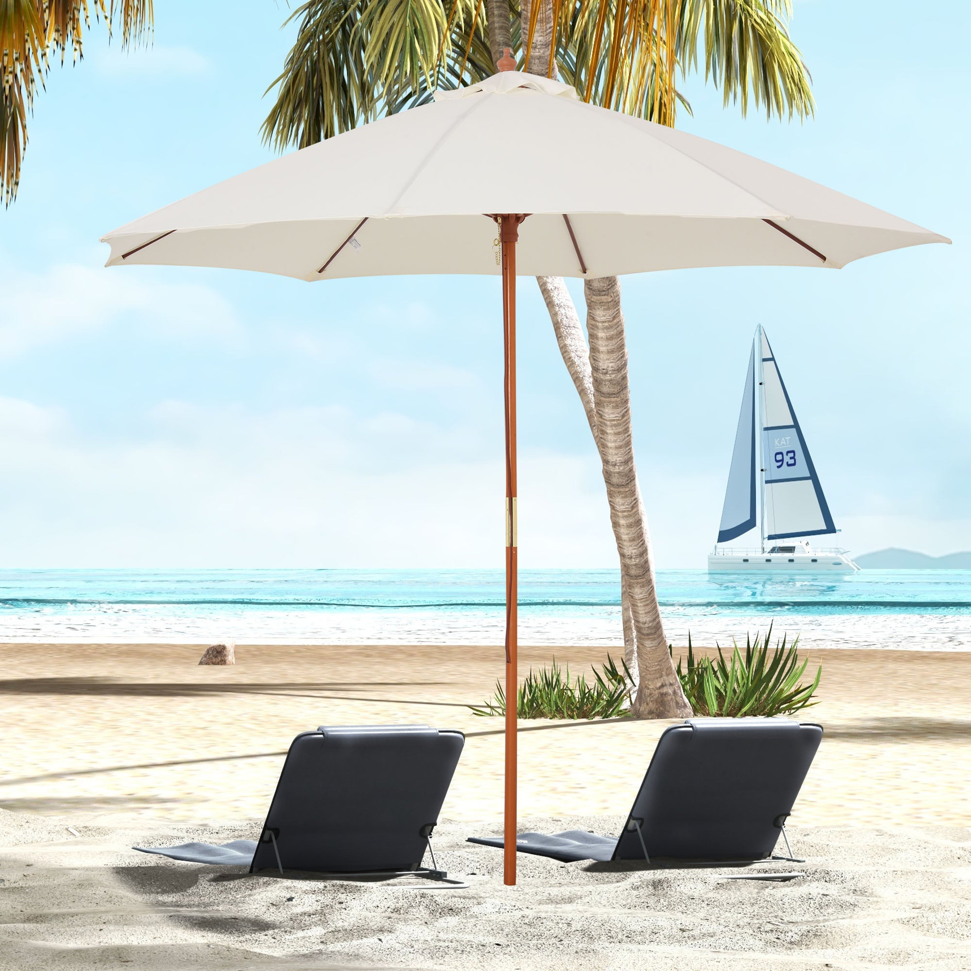 Outsunny 2.5m Garden Parasol Umbrella, Outdoor Market Table Umbrella with Wooden Pole & 8 Fibre Glass Ribs, Round Sun Shade Canopy, Off-White - North Peak Garden Furniture