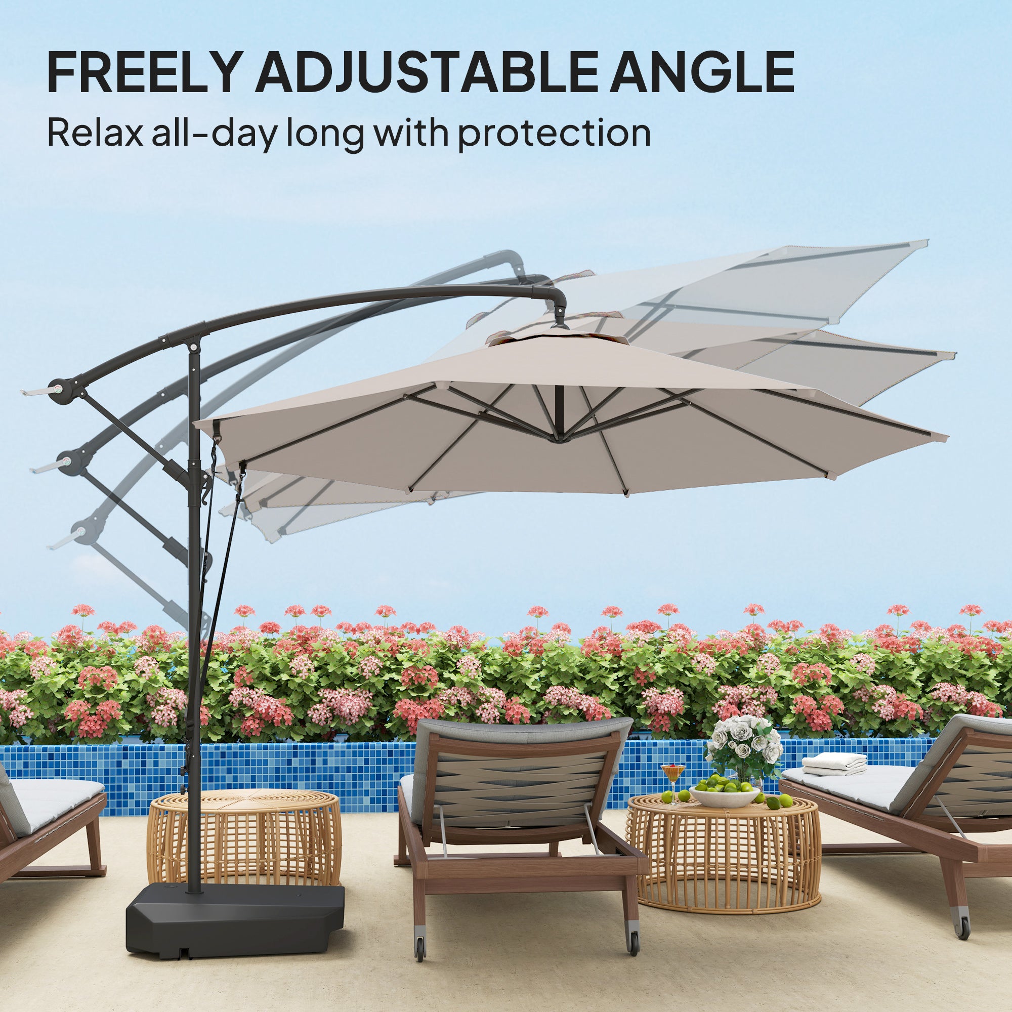Outsunny 3(m) Garden Cantilever Parasol with Fillable Base up to 90kg, Wind Protection Strap, Cover, Round Banana Hanging Umbrella with Crank Handle and Tilt, UPF50+ Patio Umbrella, Cream