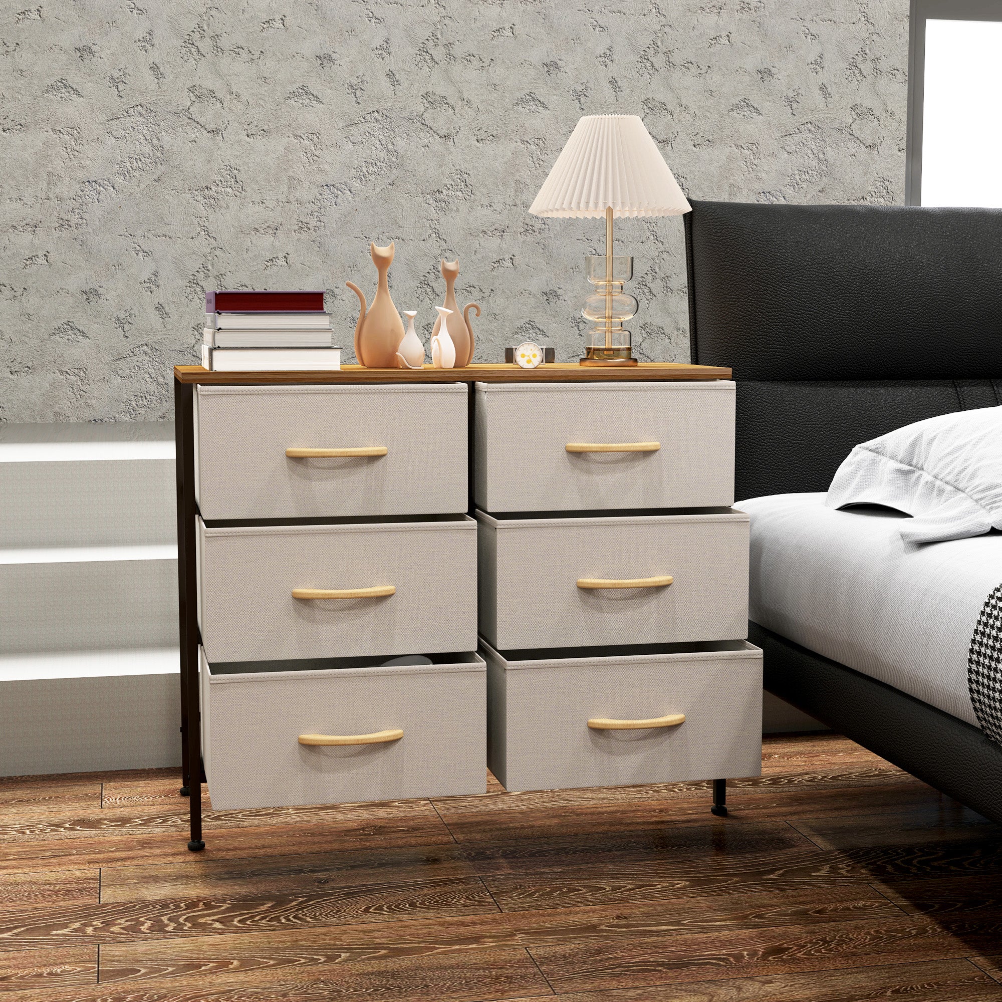 HOMCOM Fabric Chest of Drawers, Storage Drawers, Industrial Bedroom Dresser with 6 Fabric Drawers, Steel Frame and Wooden Top for Nursery, Living Room, Hallway, Cream White - North Peak Garden Furniture