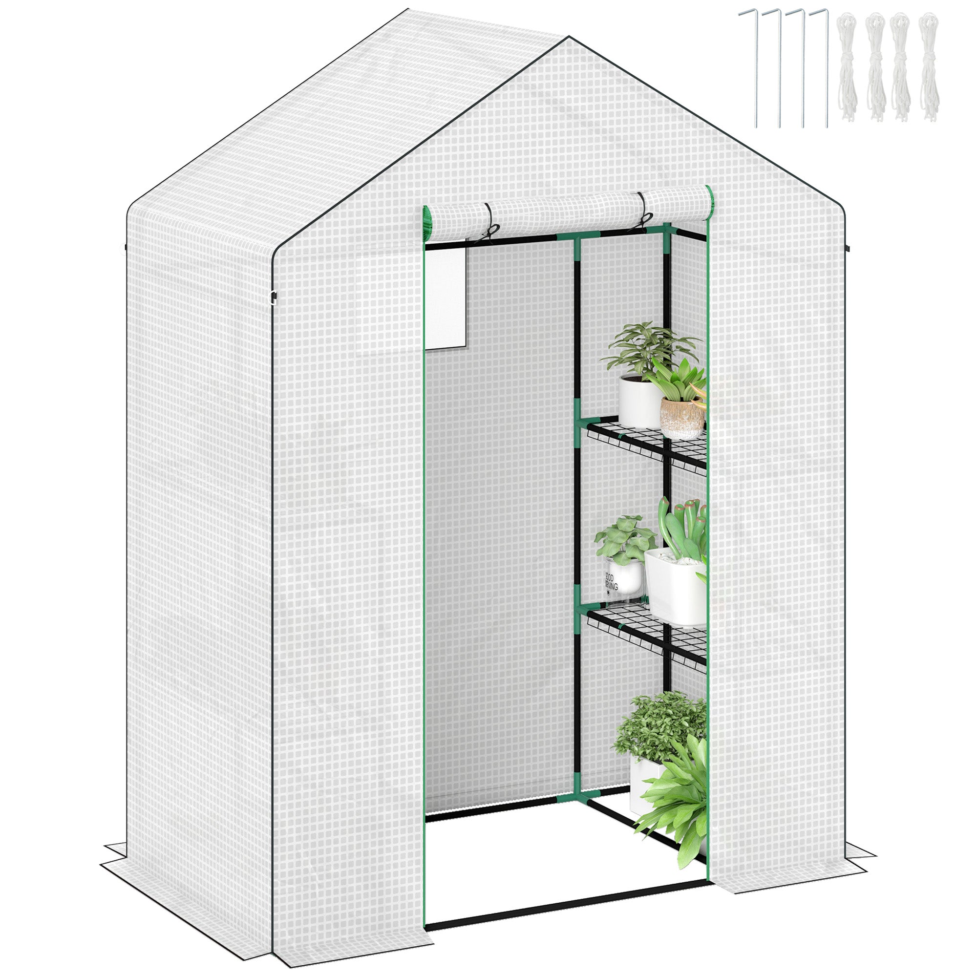 Outsunny Walk-in Greenhouse with 3 Tier 4 Shelves, Small Greenhouse with Reinforced PE Cover, Garden Plant Growhouse with Roll-up Door and Three Mesh Windows, 143 x 74 x 190 cm, White