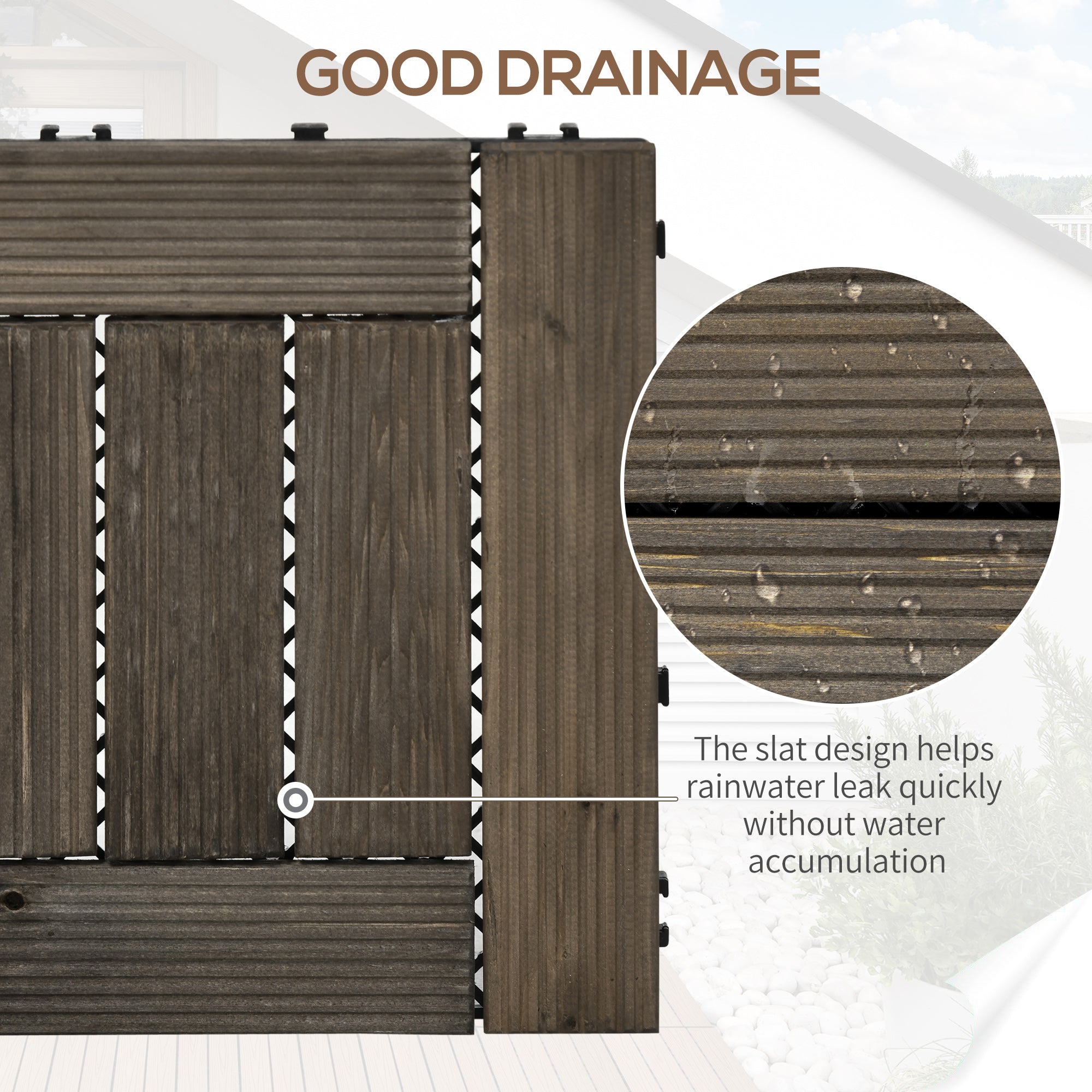 Outsunny 27 Pcs Wooden Interlocking Decking Tiles, 30 x 30 cm Outdoor Flooring Tiles, 2.5㎡ per Pack, for Patio, Balcony, Terrace, Hot Tub, Charcoal Grey - North Peak Garden Furniture