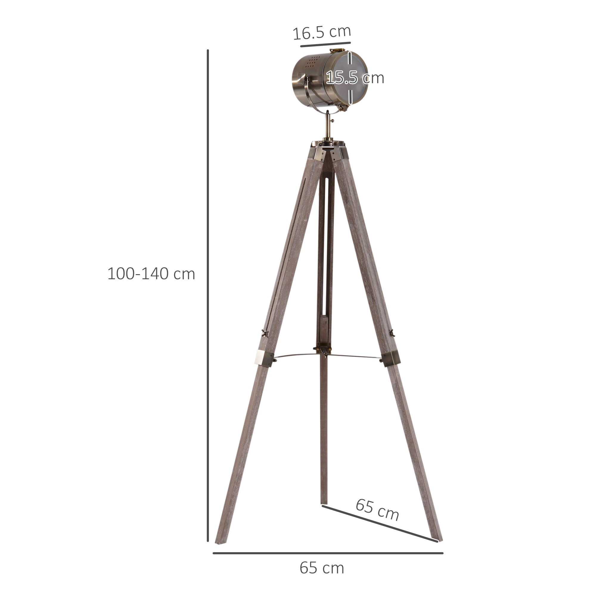 HOMCOM Industrial Tripod Floor Lamp, Nautical Searchlight with Adjustable Height, Wood Legs, E12 Lamp Base for Living Room, Bedroom, Grey and Bronze - North Peak Garden Furniture