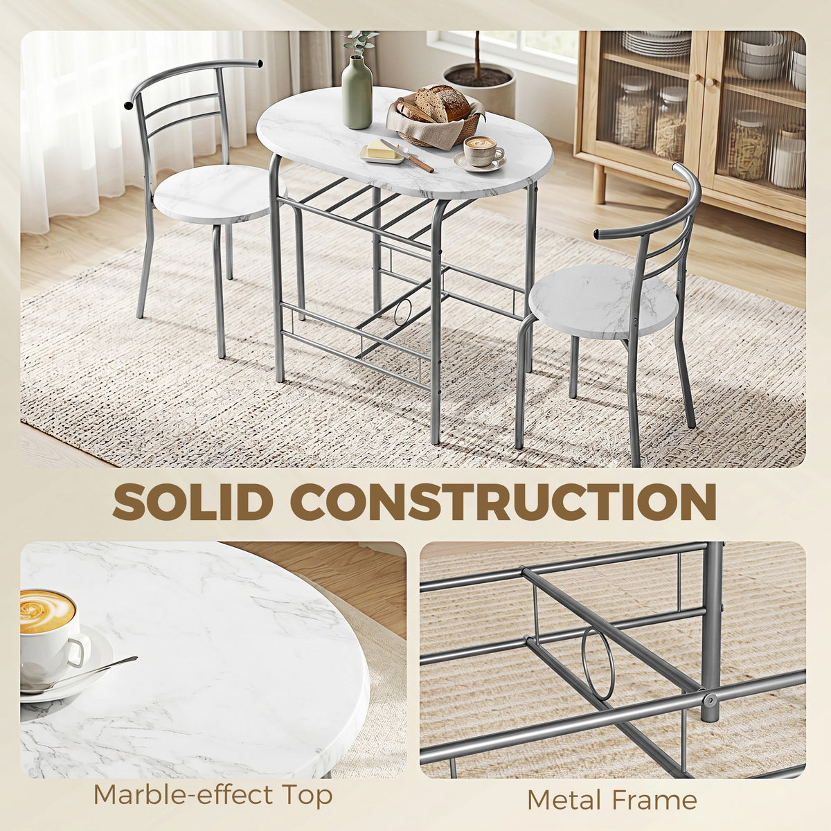 HOMCOM Three-Piece Compact Dining Set - White Marble Effect