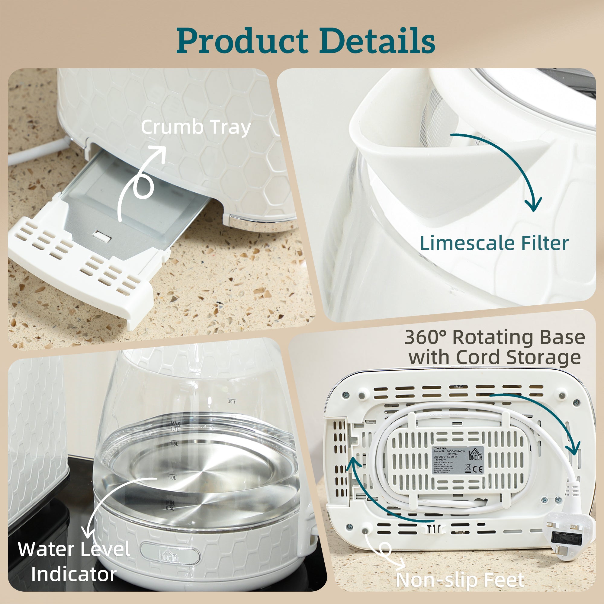 HOMCOM Kettle and Toaster Set, 1.7L 3000W Rapid Kettle with Limescale Filter, 2 Slice Toaster with 7 Browning Controls, Cream