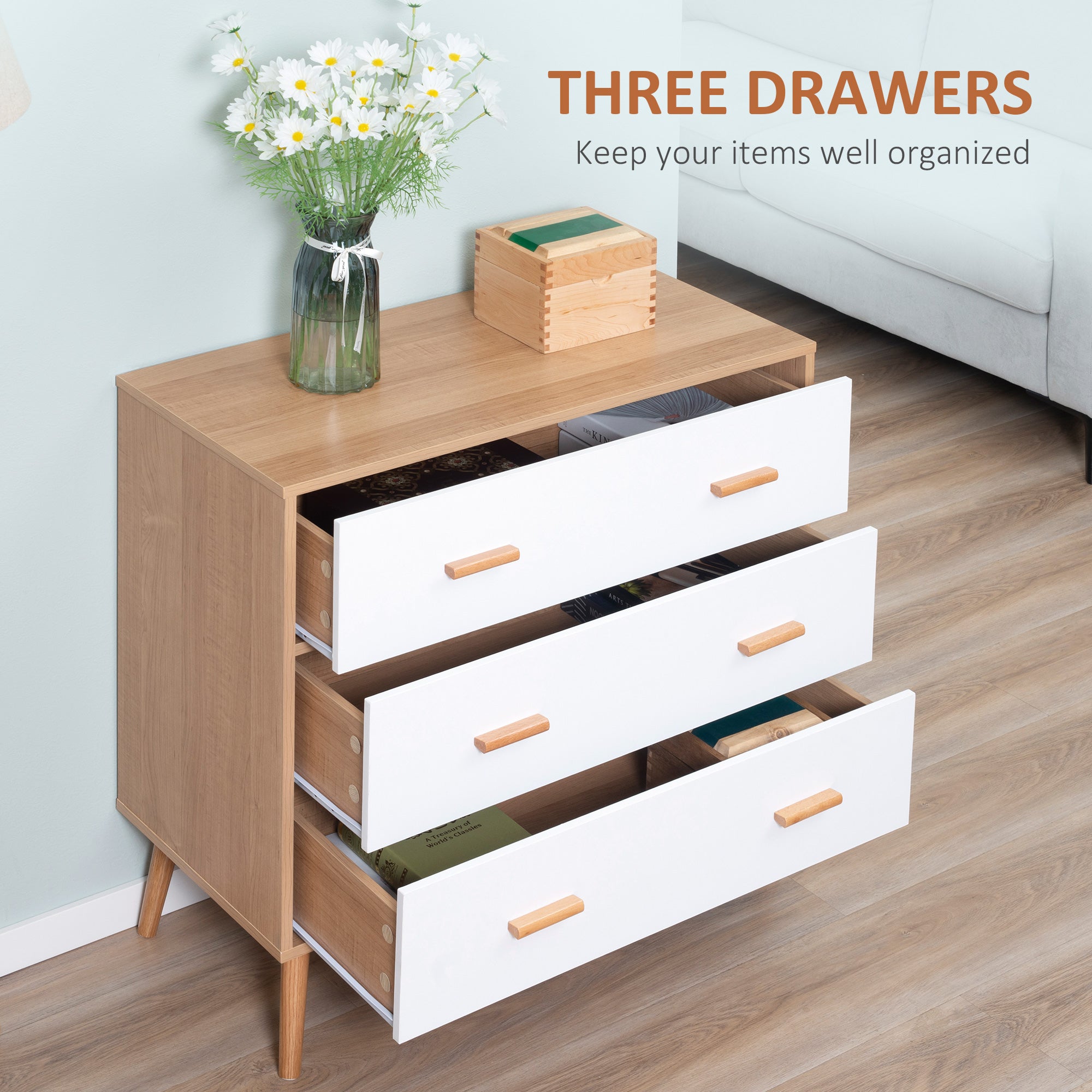 HOMCOM Chest of Drawers with 3 Drawers, Bedroom Cabinet, Storage Organizer for Living Room, White and Natural - North Peak Garden Furniture